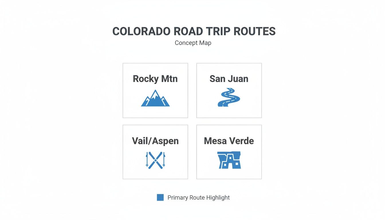 A concept map showing four Colorado road trip routes: Rocky Mtn, San Juan, Vail/Aspen, and Mesa Verde with icons.