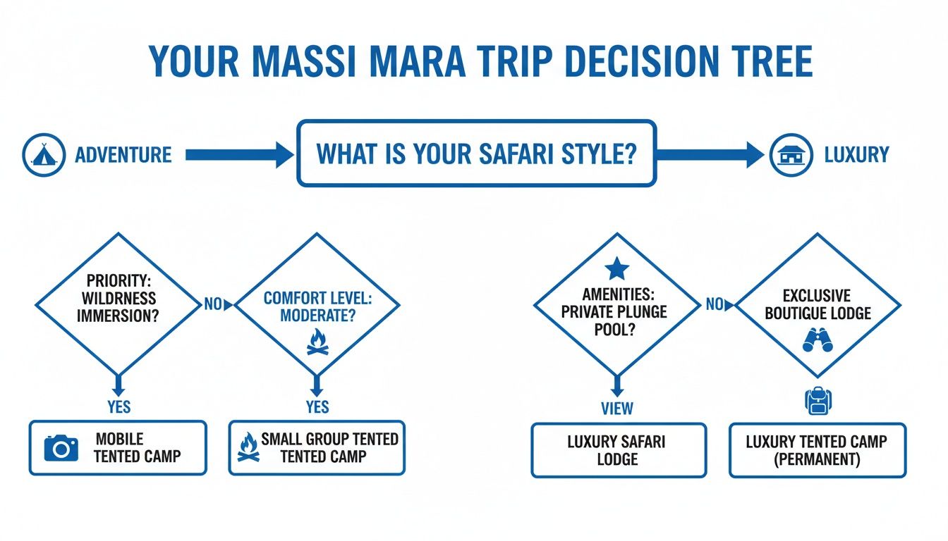 Decision tree helping plan a Massi Mara safari, guiding choices based on adventure or luxury preferences.