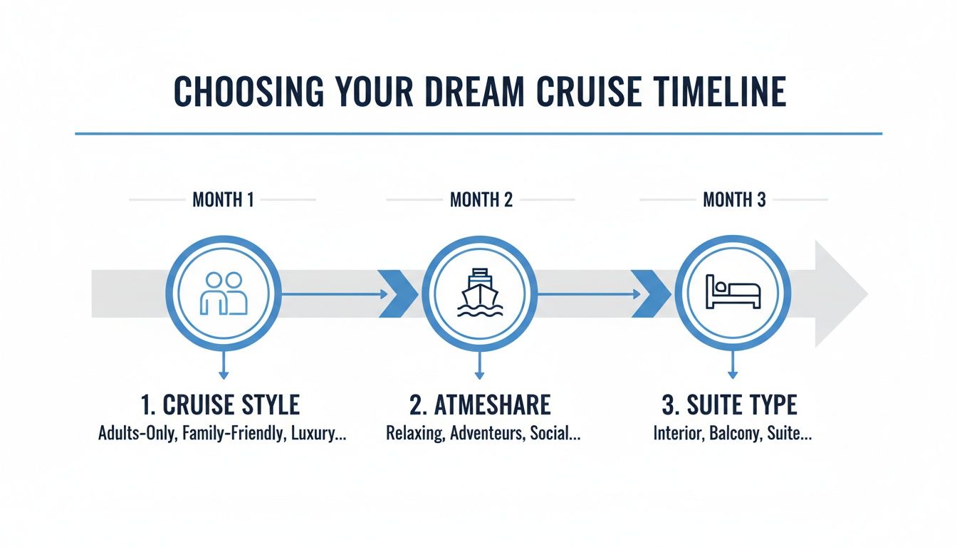 An infographic timeline illustrating three steps to choose a dream cruise: style, atmosphere, and suite type.