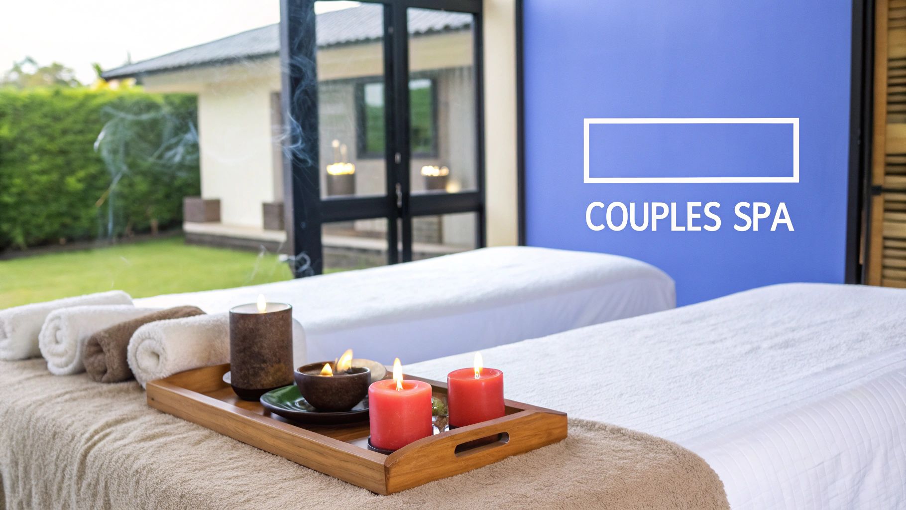 A tranquil couples spa room with two massage beds, burning candles, rolled towels, and a garden view.