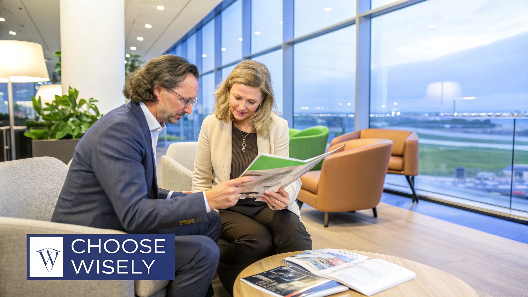 A luxury travel advisor and a client reviewing a custom travel itinerary on a tablet in a bright, elegant office setting.