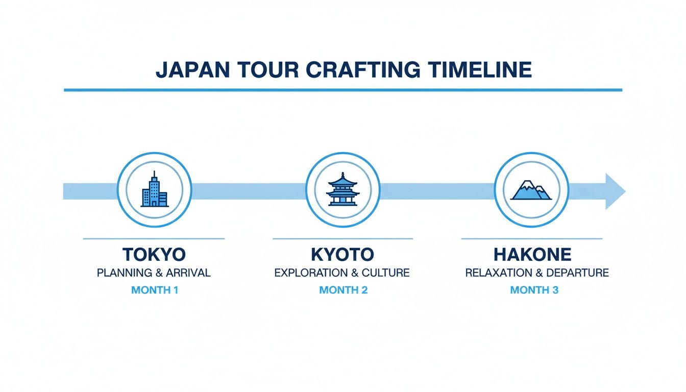 An infographic timeline outlining a three-month Japan tour itinerary with stages in Tokyo, Kyoto, and Hakone.