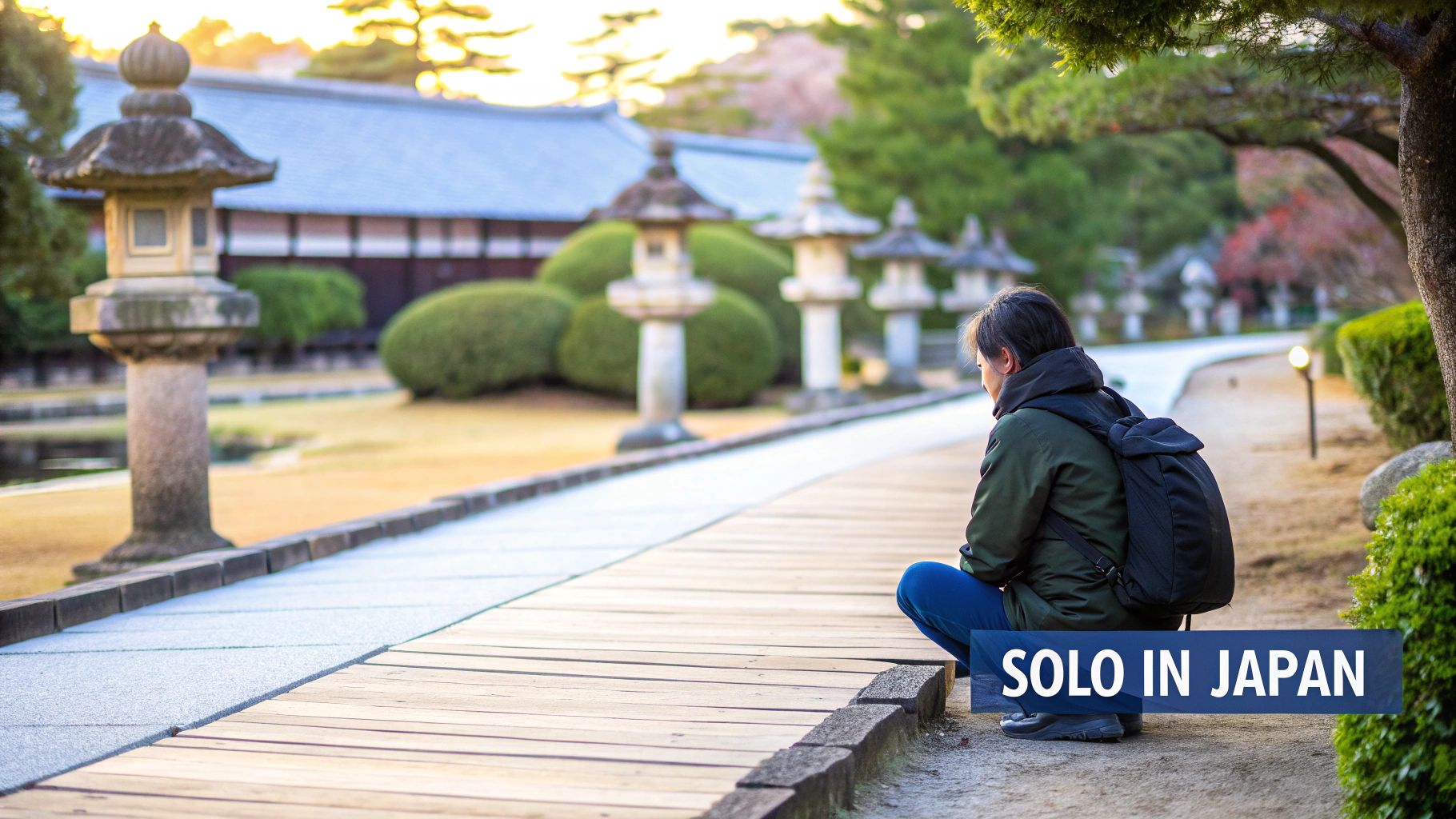 Back view of a solo traveler in a green jacket crouching by a path in a peaceful Japanese temple garden.