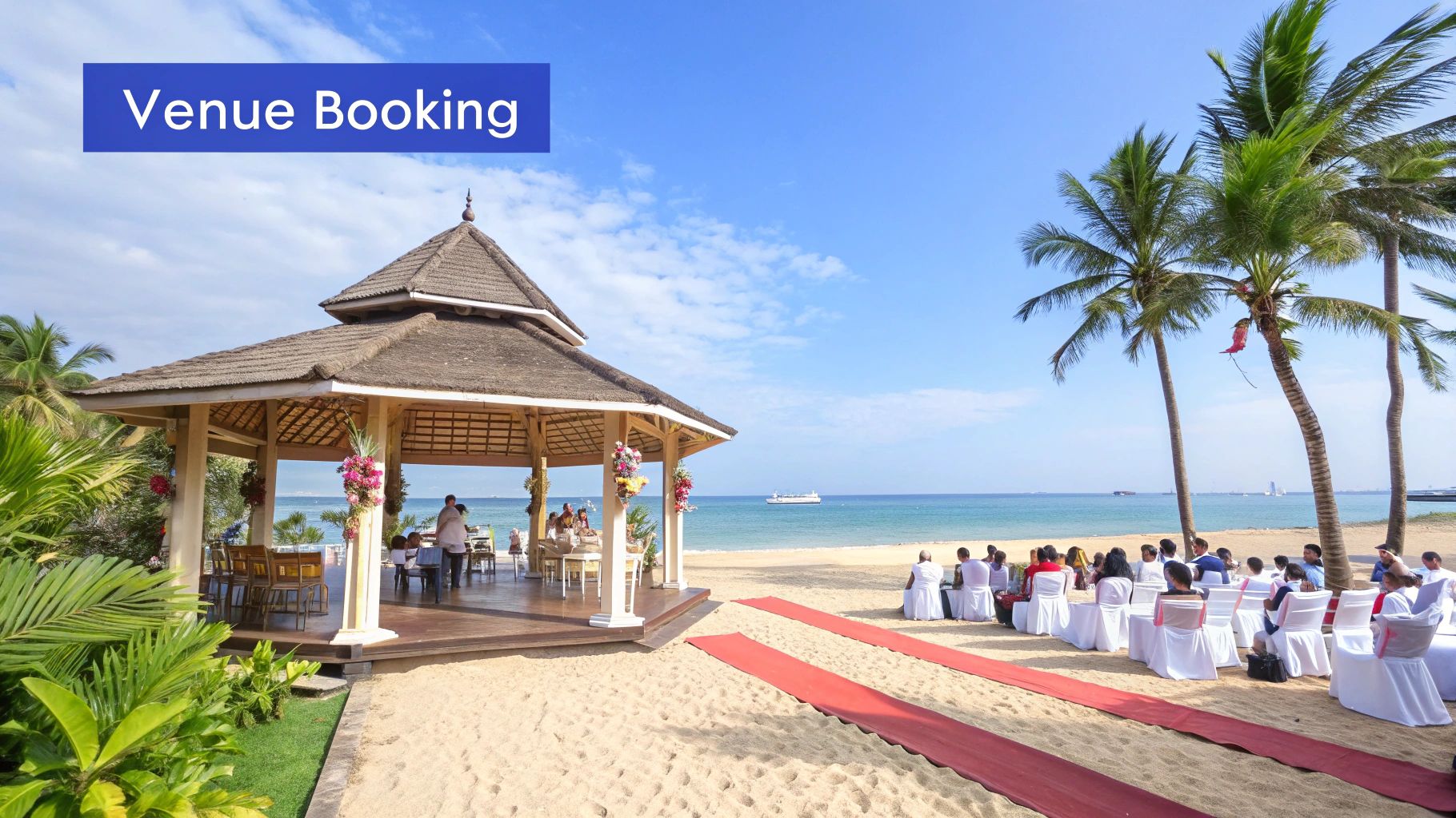 Wedding venue overlooking a body of water with flowers and seating arranged for a ceremony