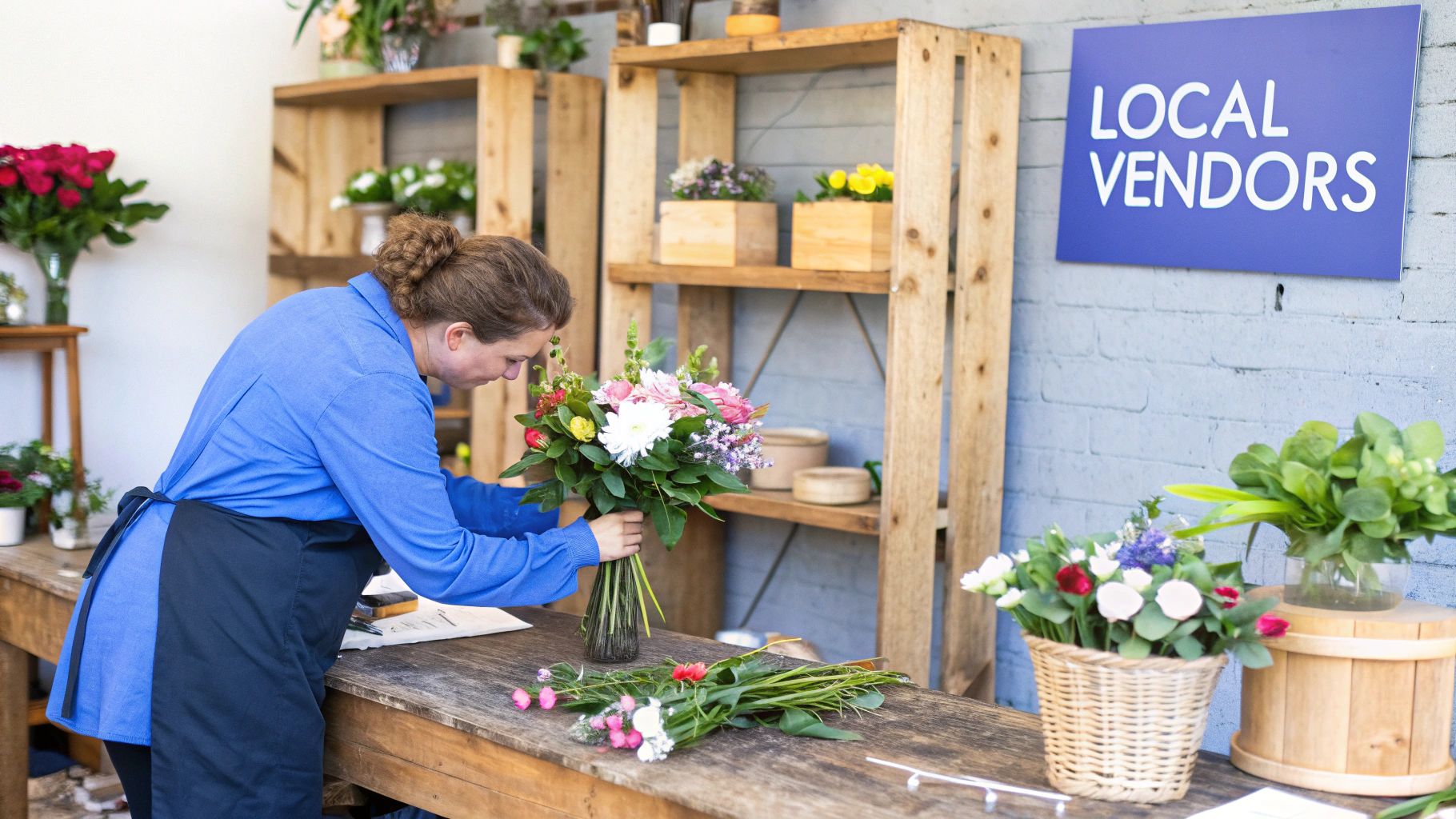 A destination wedding setup with floral arrangements and table settings, overlooking a scenic ocean view, illustrating the work of local vendors.