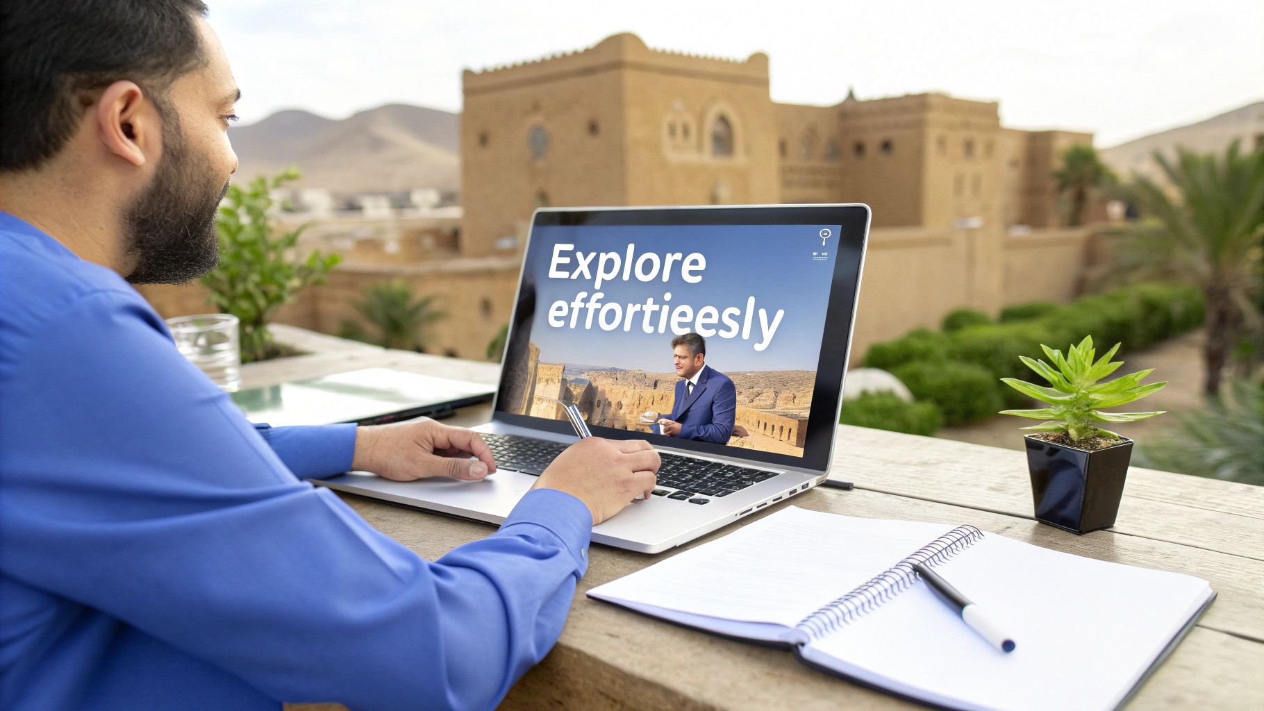 A man works on a laptop outdoors, displaying 'Explore effortlessly' against a traditional building backdrop.