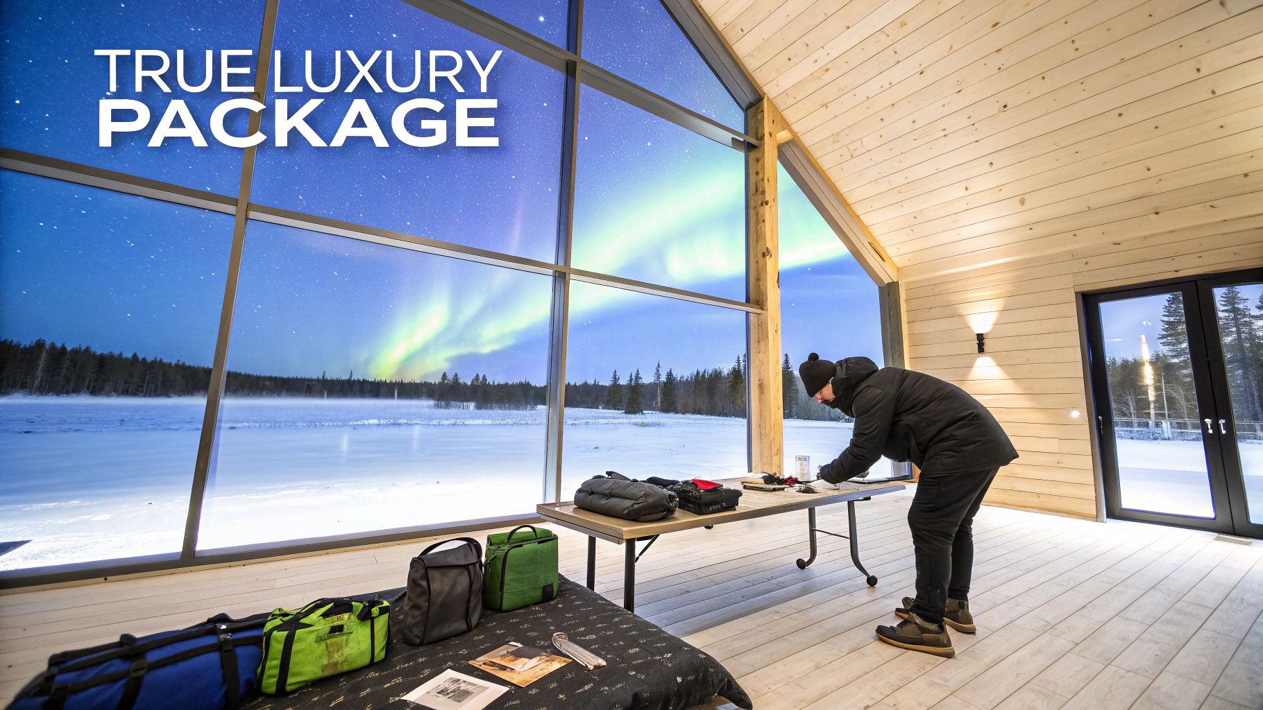 A person in a modern luxury cabin looking at the Northern Lights over a snowy winter landscape.