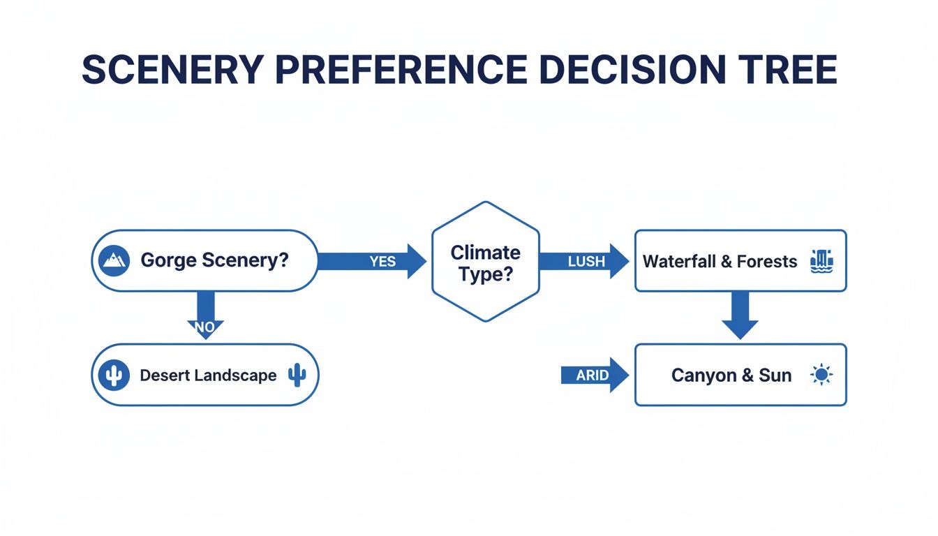 A decision tree diagram illustrating scenery preferences including gorges, climate types, and desert landscapes.