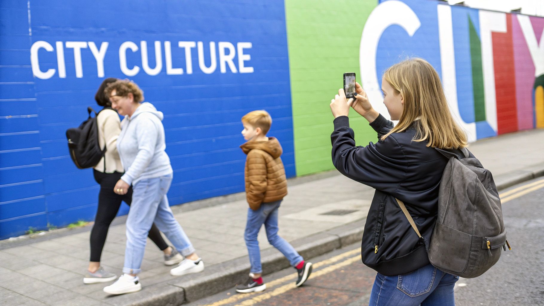 A girl photographs a vibrant "CITY CULTURE" mural on a wall while people walk past.