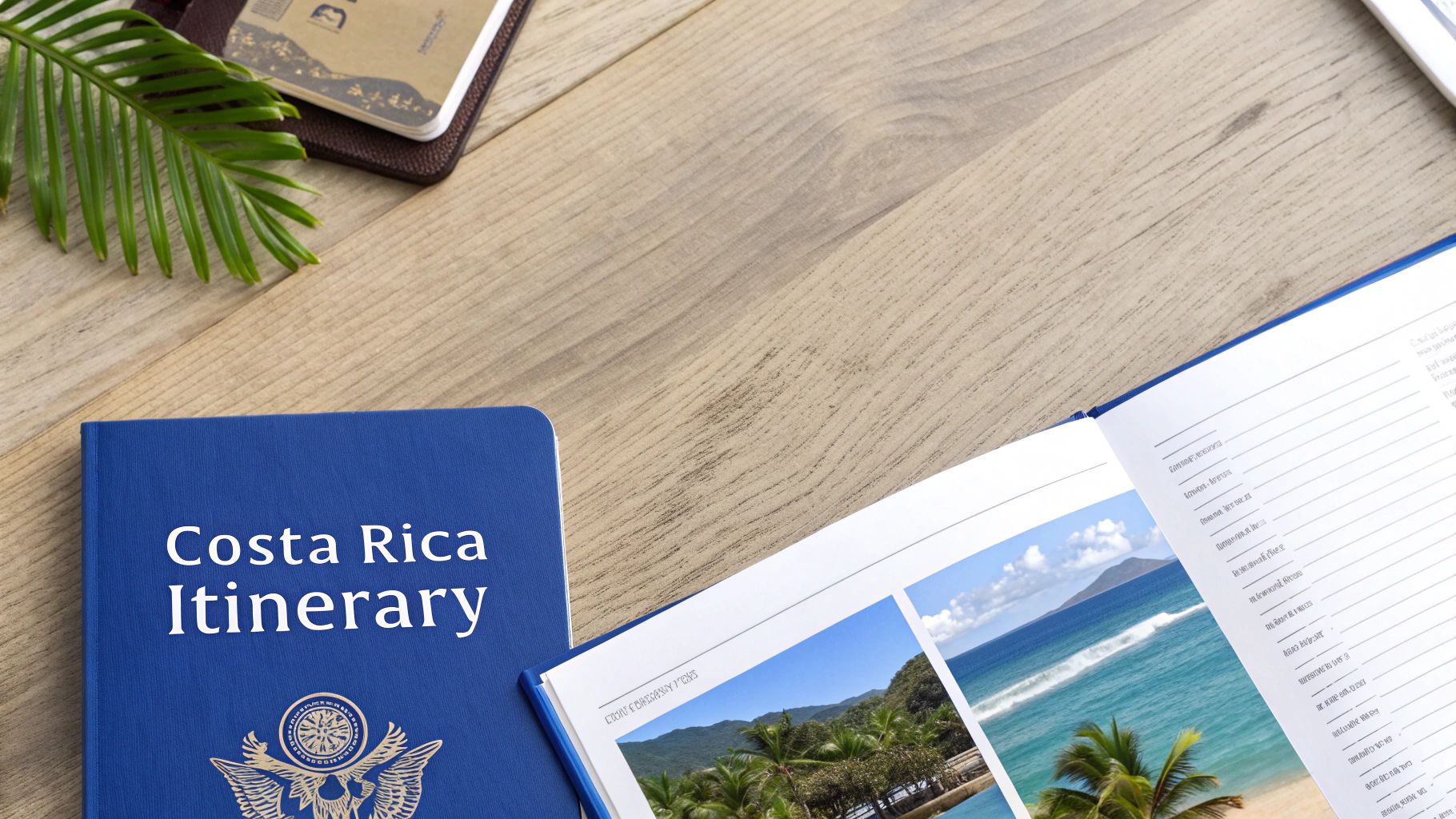 Blue Costa Rica itinerary book, open travel guide with beach images, and passport on wood.