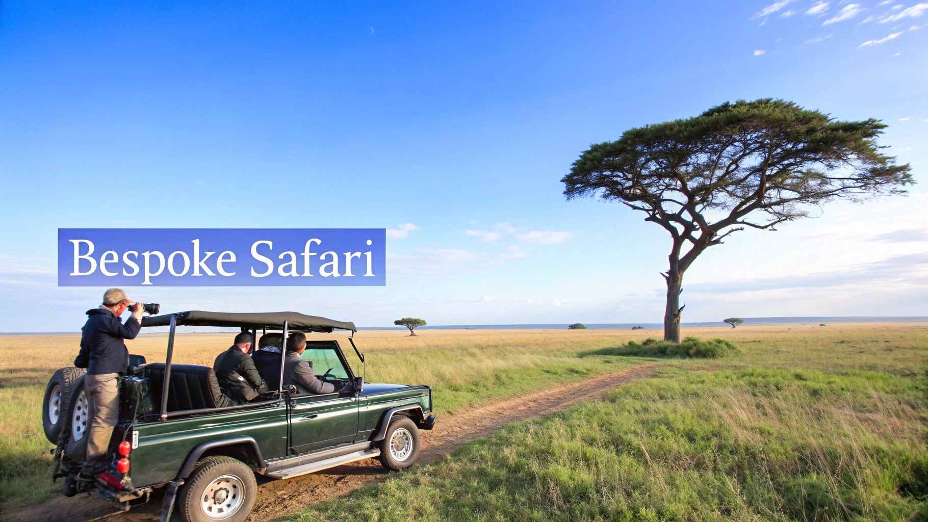 A safari jeep with tourists looking through binoculars in a vast savanna landscape with an acacia tree.