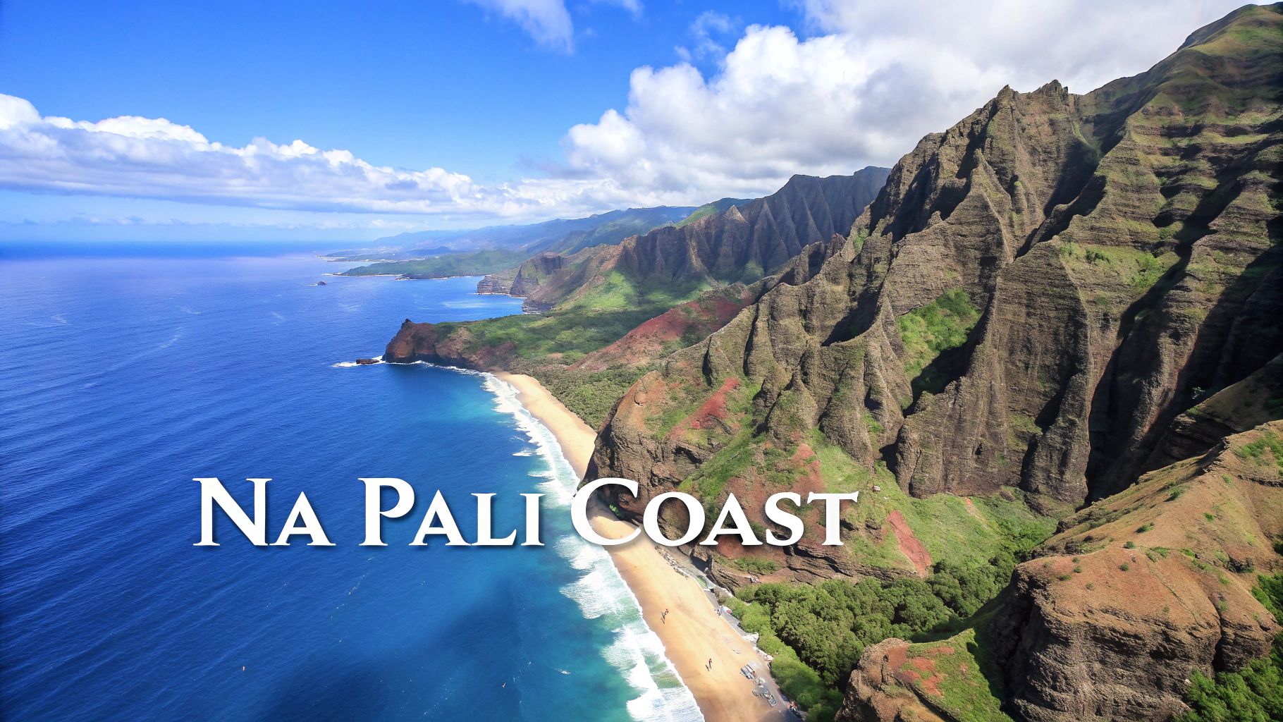 Aerial view of the stunning Na Pali Coast in Hawaii, featuring dramatic green cliffs, a pristine beach, and vibrant blue ocean.