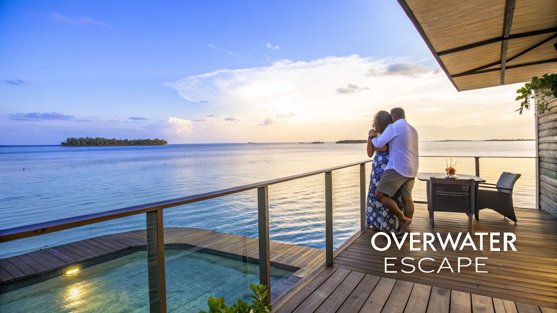 A couple embraces on an overwater deck with a private pool, watching a romantic ocean sunset.