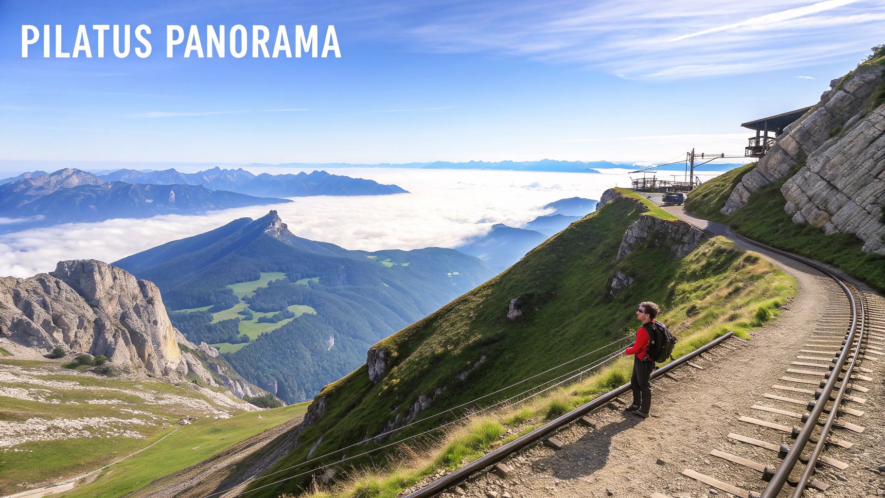 A hiker on the Pilatus cogwheel railway track, enjoying a stunning mountain panorama above clouds.