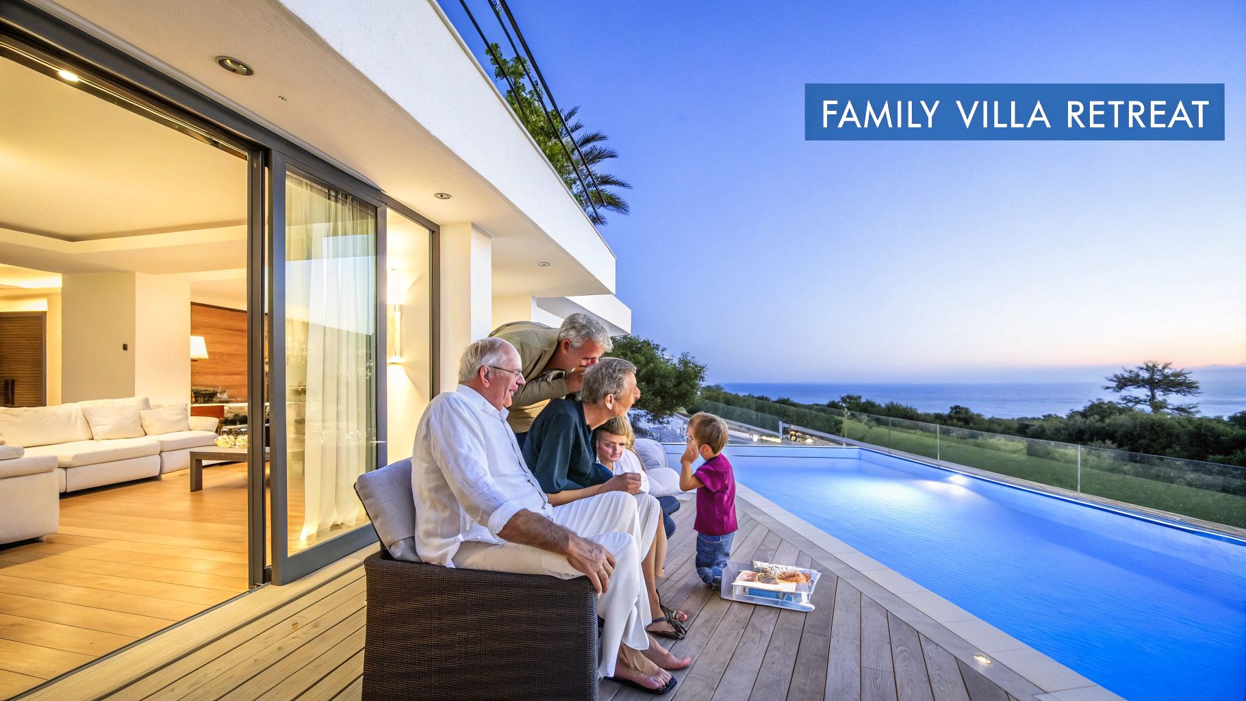 Three generations of a family relaxing on a modern villa terrace overlooking an infinity pool and ocean.
