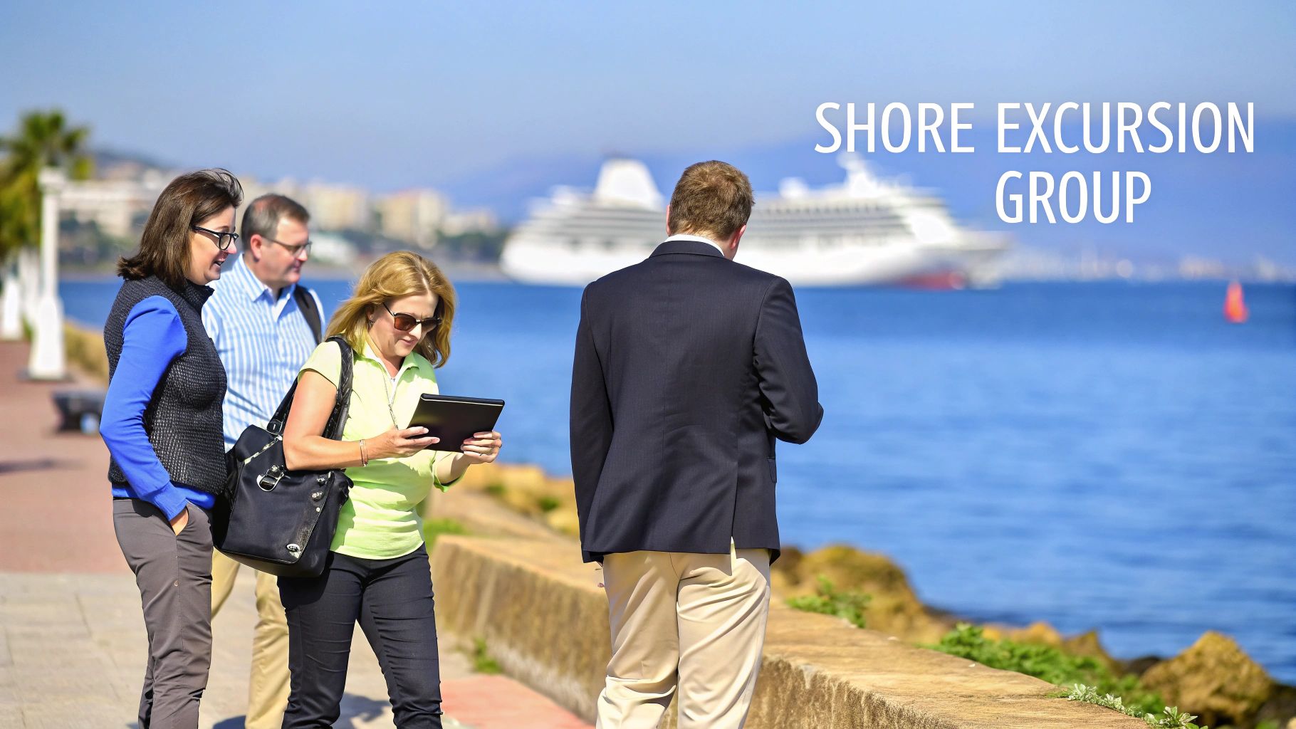 Four adults on a shore excursion by the sea, looking at a tablet with a cruise ship in the background.