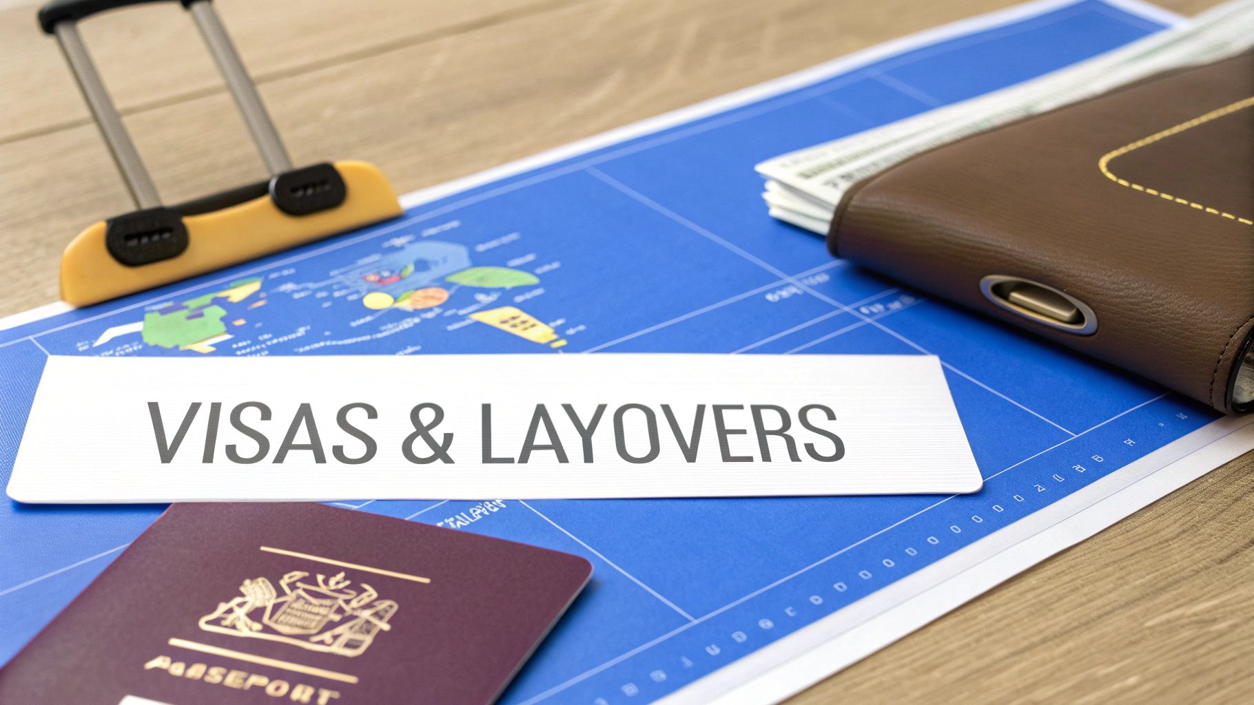 Travel planning essentials: 'VISAS & LAYOVERS' sign on a world map with a passport and wallet.