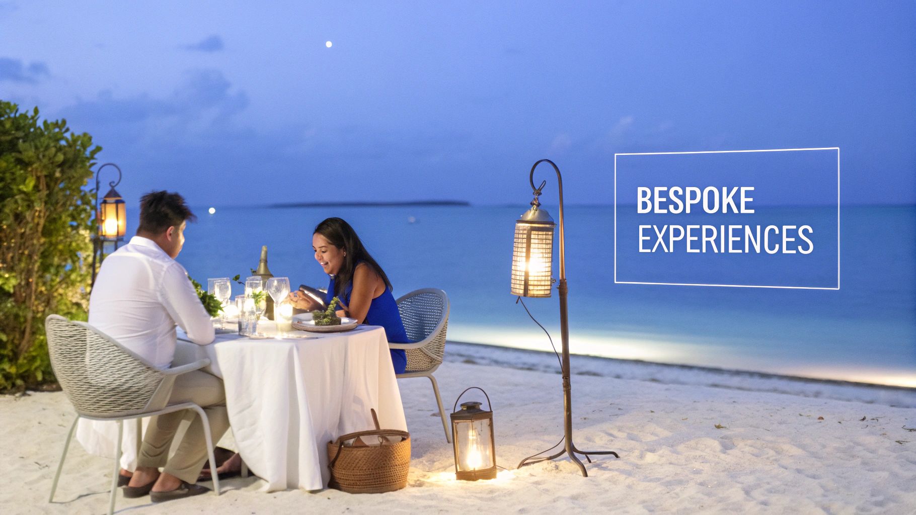 A couple enjoys a floating breakfast in a private pool overlooking the ocean.