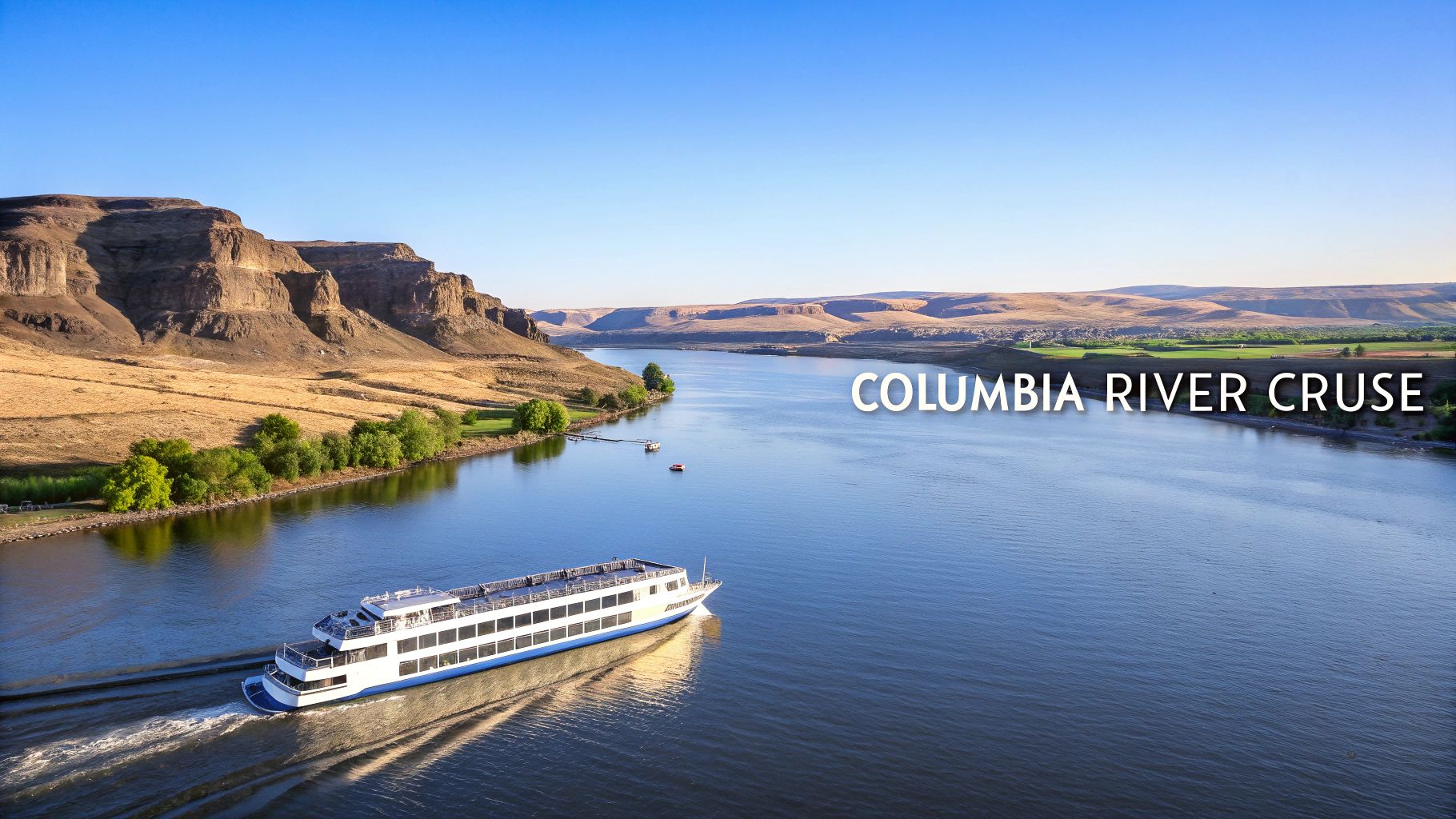A scenic view of a cruise ship sailing on the Columbia River, flanked by dry cliffs.