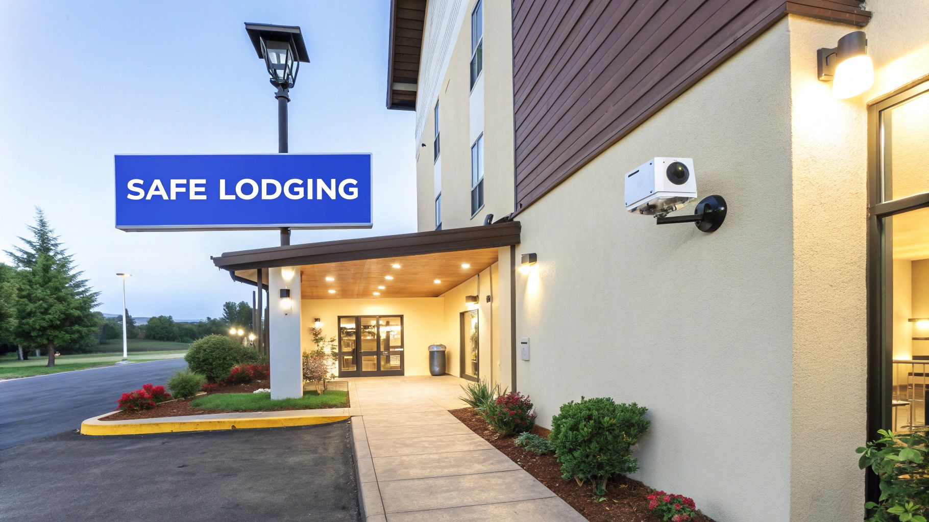 A stylish and modern hotel lobby with a welcoming reception desk, conveying a sense of security and professionalism.