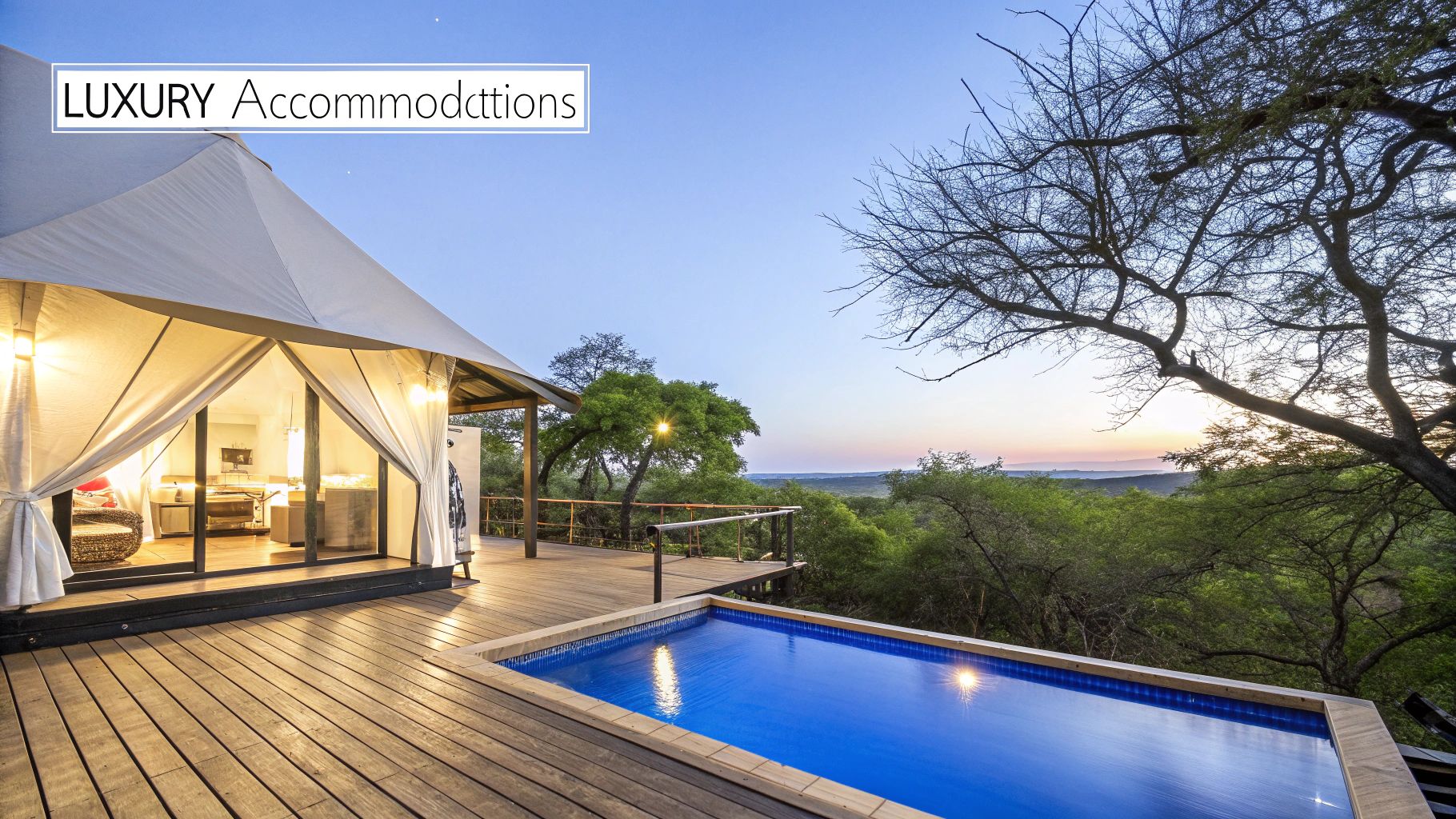 A luxurious safari tent with a private plunge pool and wooden deck overlooking an African savanna at sunset.