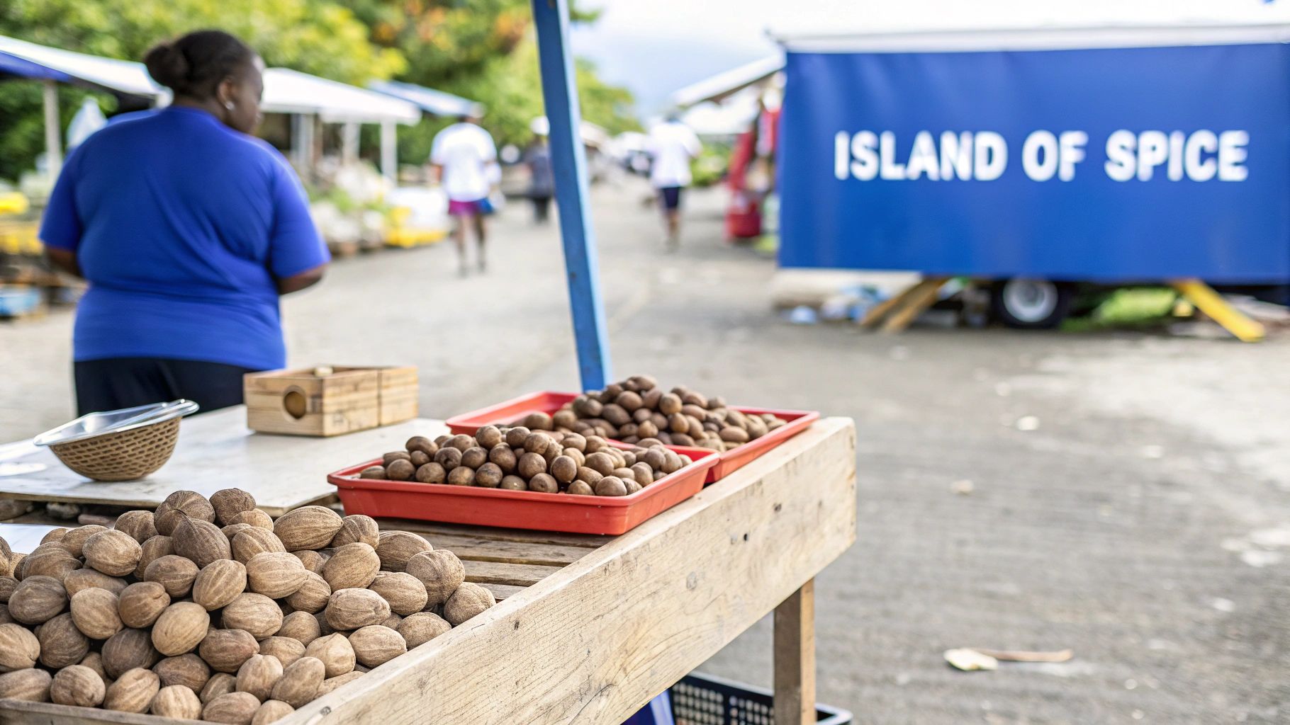 Fresh nutmeg and spices displayed at outdoor market stall on Caribbean island of Grenada
