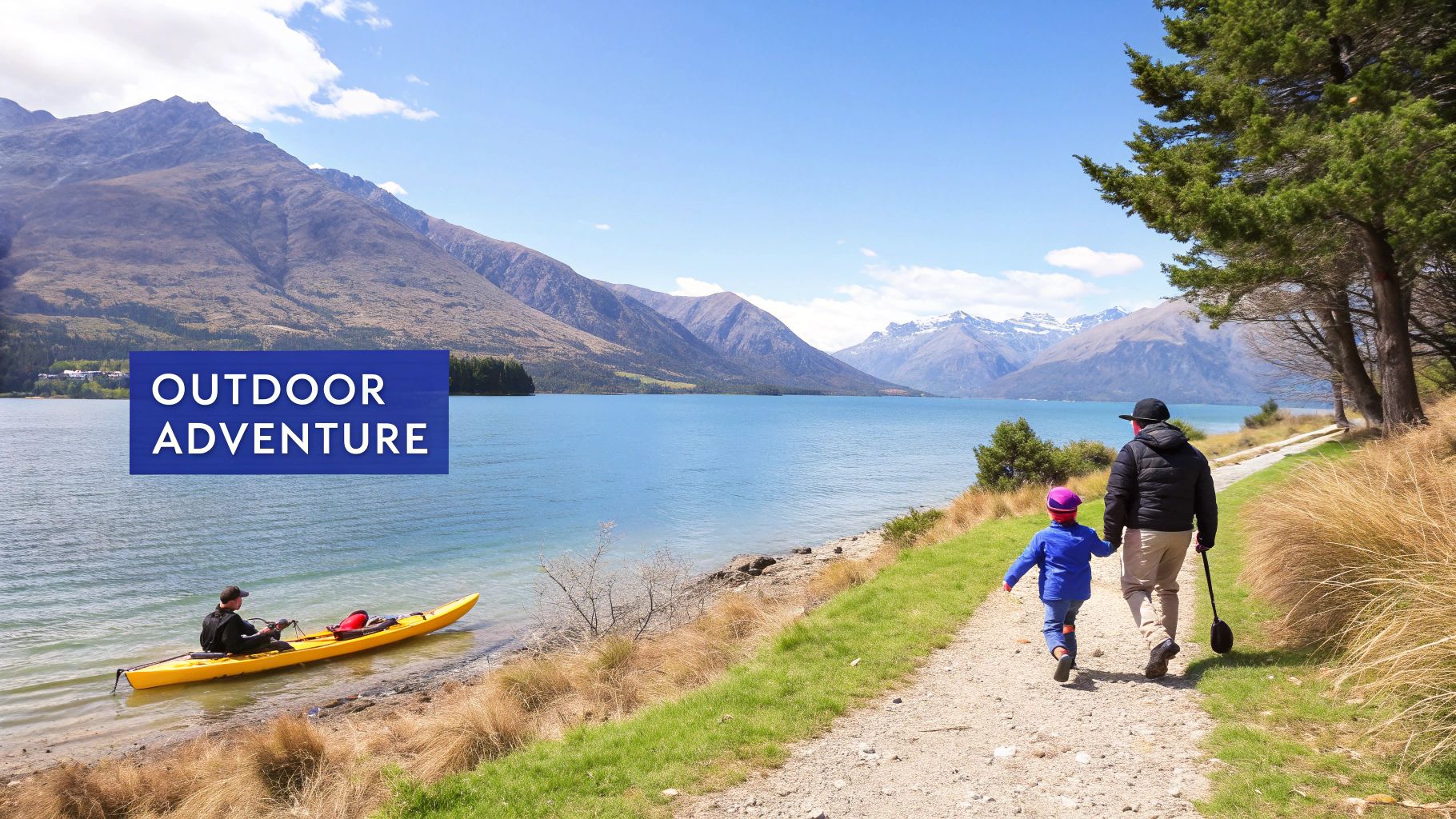 A family enjoys an outdoor adventure by a scenic lake with mountains, featuring kayaking and walking.