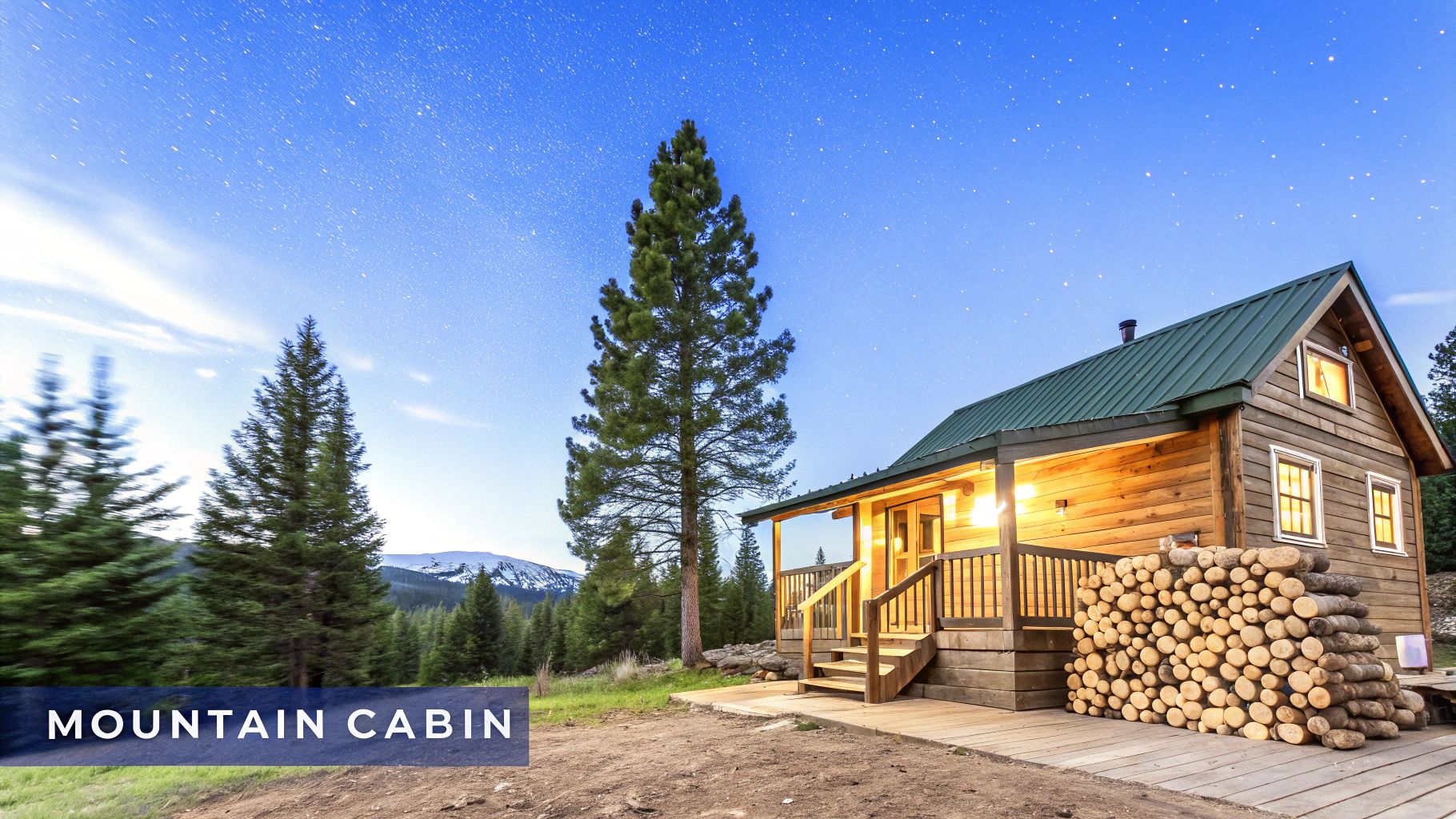 Cozy wooden mountain cabin under a starry night sky, with stacked firewood and warm interior lights.