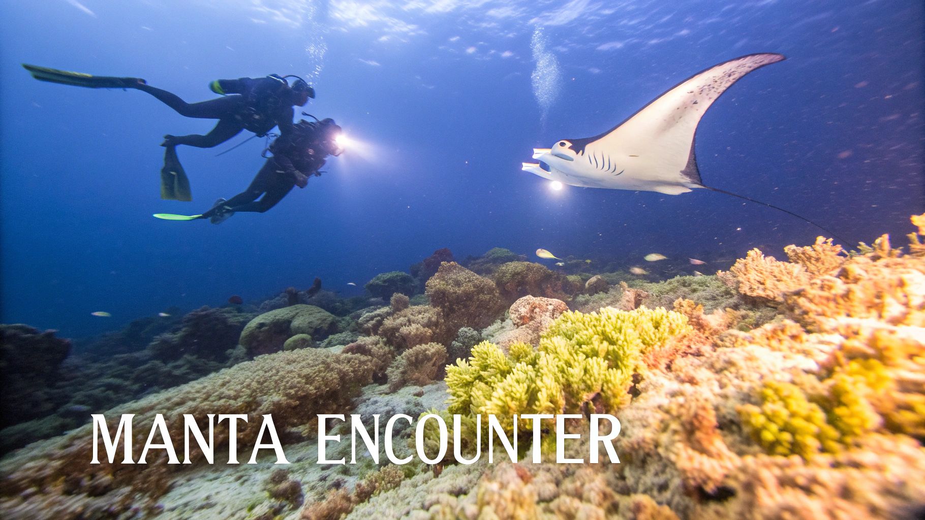 Two scuba divers illuminate a majestic manta ray with a torch near a vibrant coral reef.