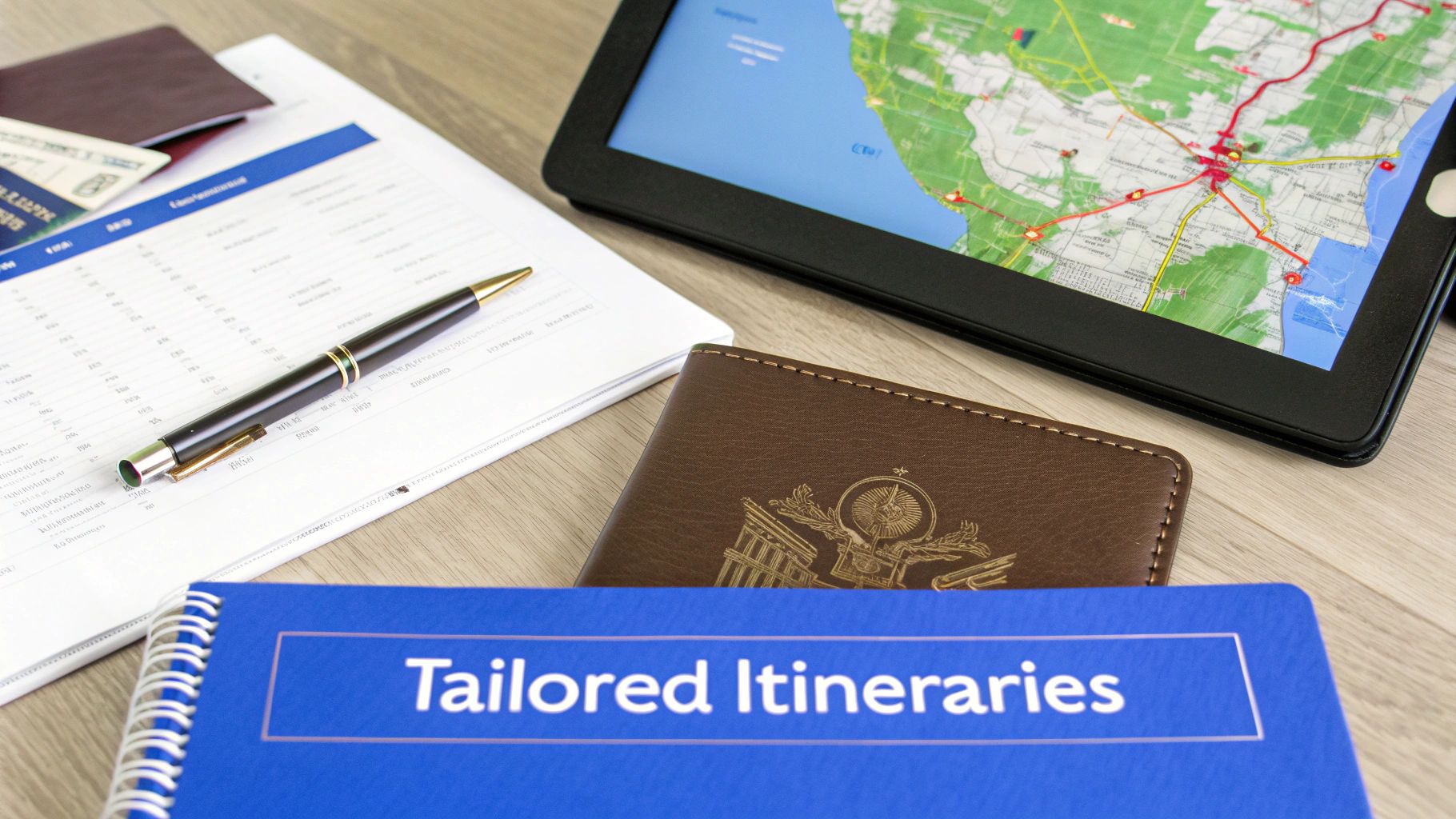 Travel planning essentials: 'Tailored Itineraries' notebook, tablet map, passport, money, and pen on a desk.