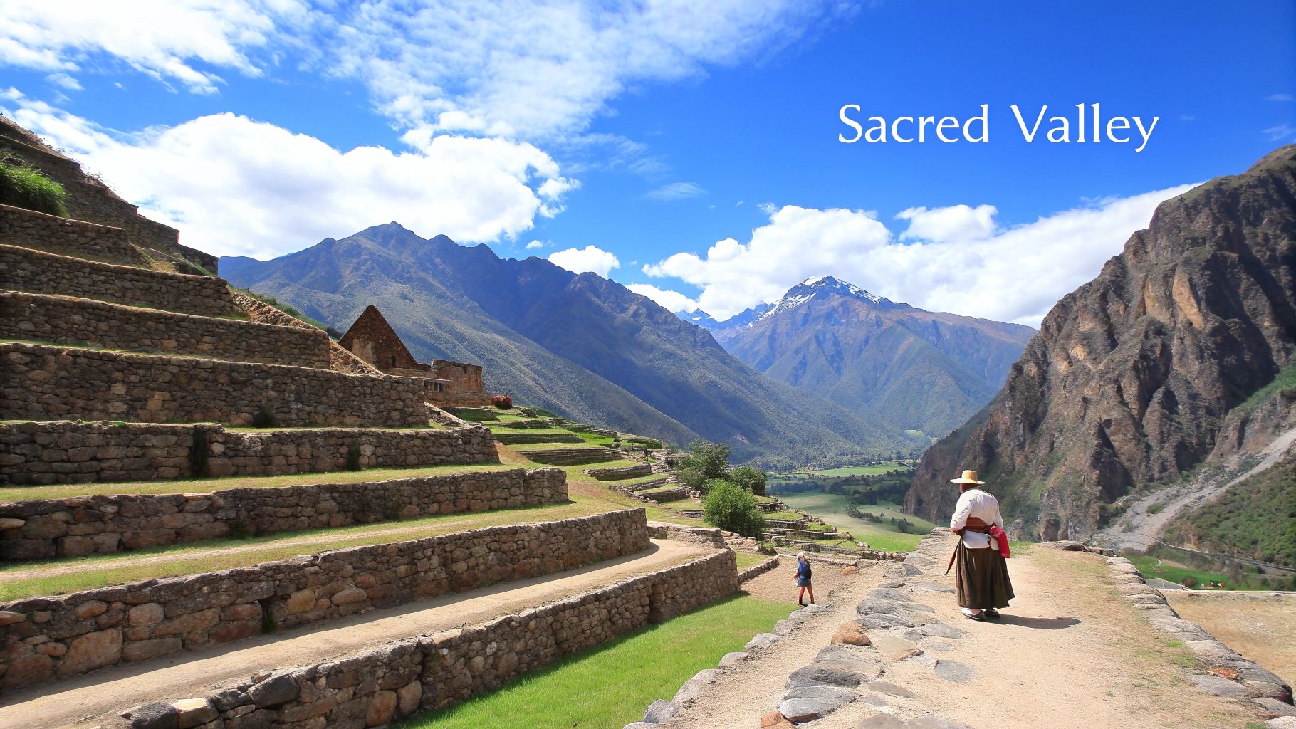 Ancient Inca terraces and buildings in Peru's Sacred Valley with majestic mountains, a blue sky, and two people.