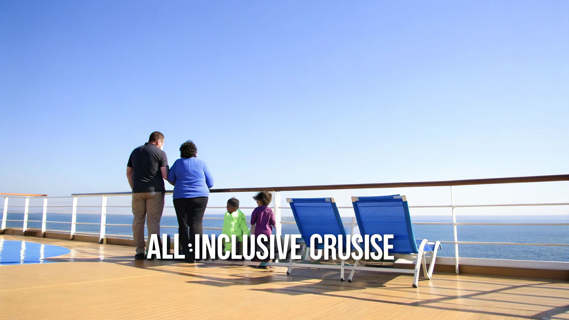 A family of four stands on a cruise ship deck, enjoying the ocean view on an all-inclusive cruise.
