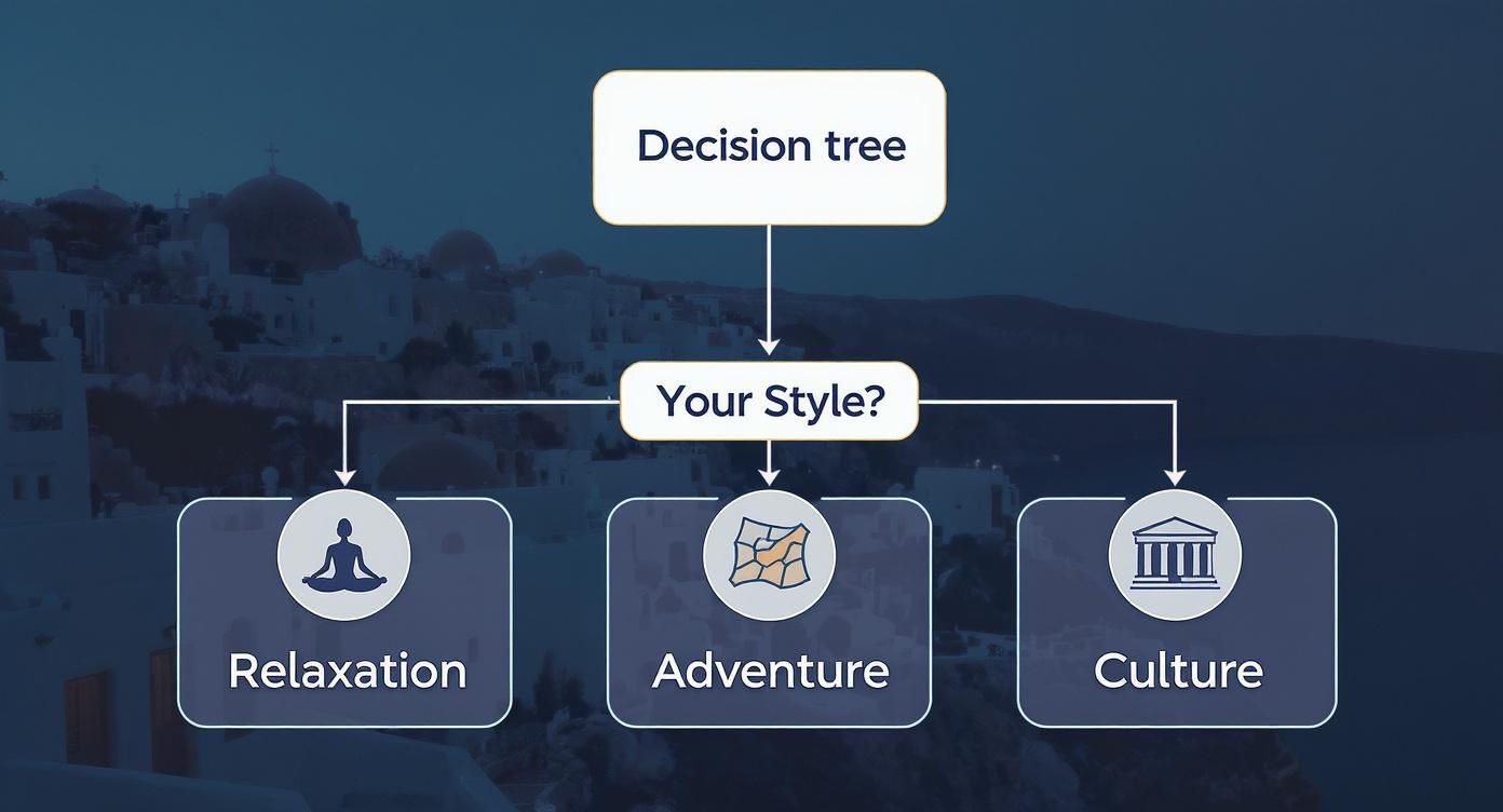 Infographic decision tree helping users decide their ideal Greek holiday based on their travel style: relaxation, adventure, or culture.