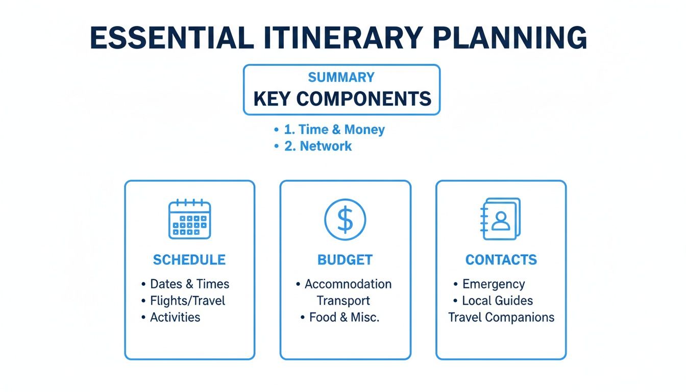 An infographic illustrating essential itinerary planning, detailing key components like schedule, budget, and contacts.
