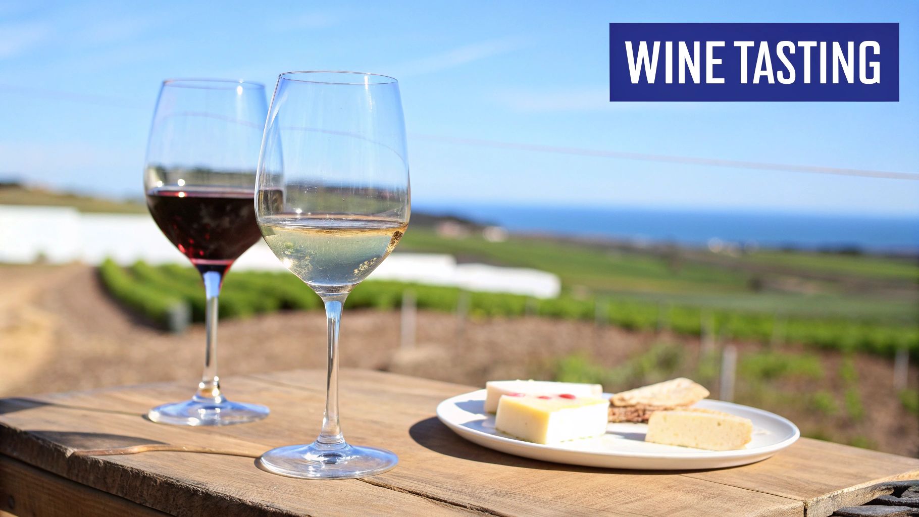 Two wine glasses, one red and one white, on a table during a wine tasting with a vineyard and sea view.