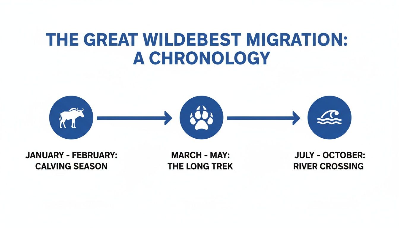 A chronological infographic outlining the Great Wildebeest Migration, showing calving, the long trek, and river crossing.