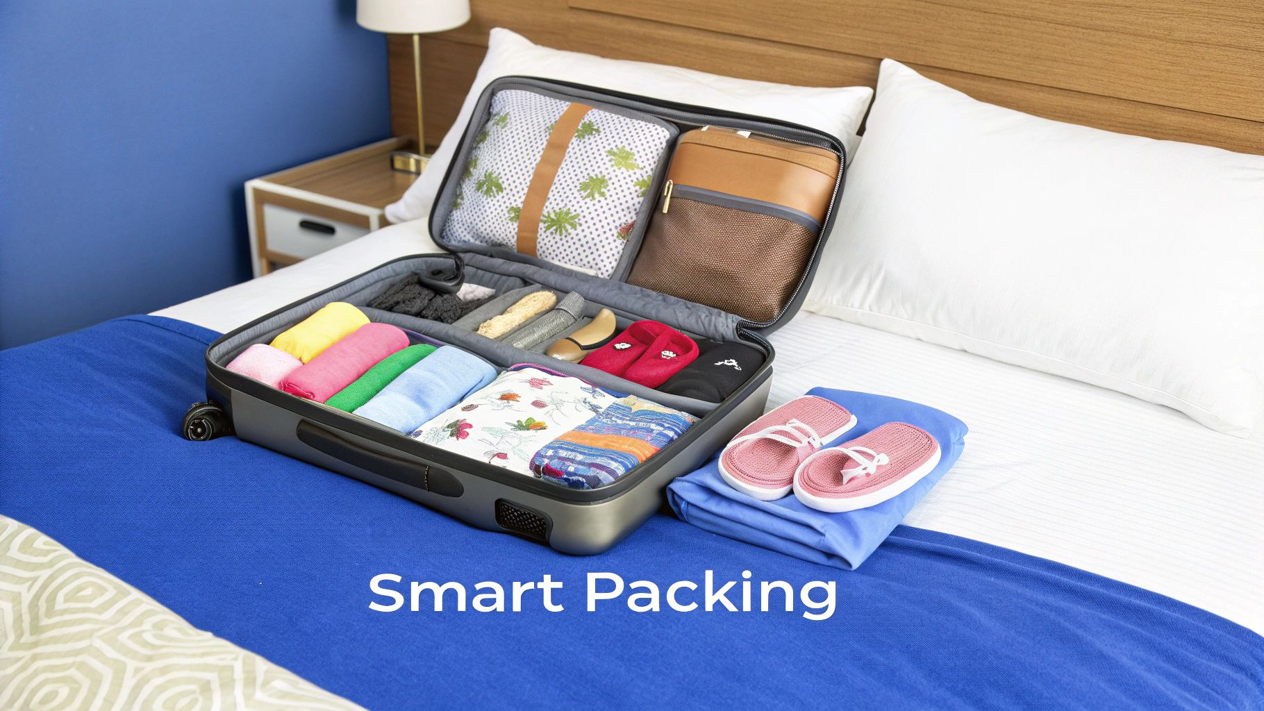 A suitcase packed with organized clothes and travel essentials for a family trip.