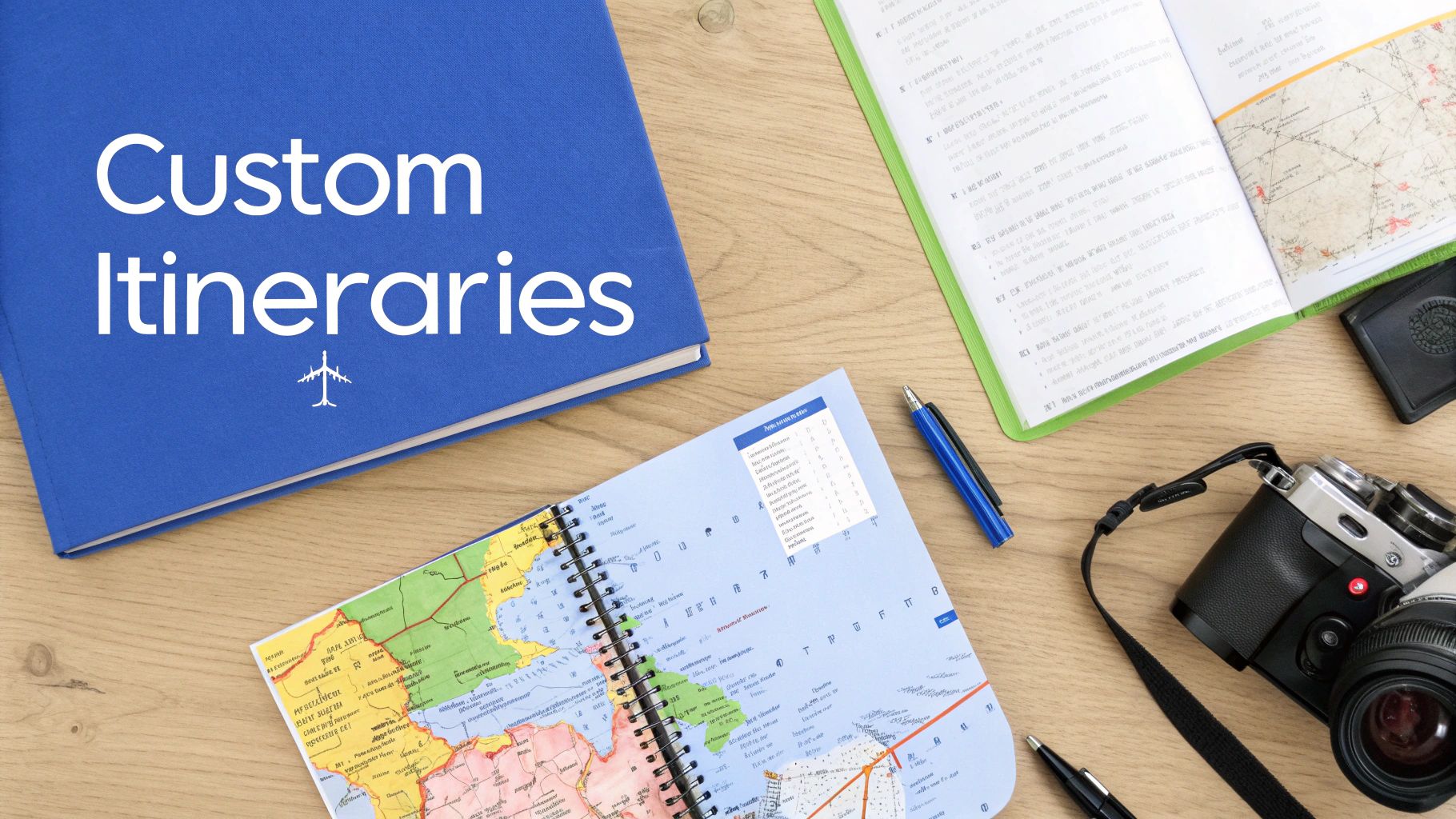 Flat lay of travel planning essentials: custom itineraries binder, map books, camera, and pens on a wooden desk.
