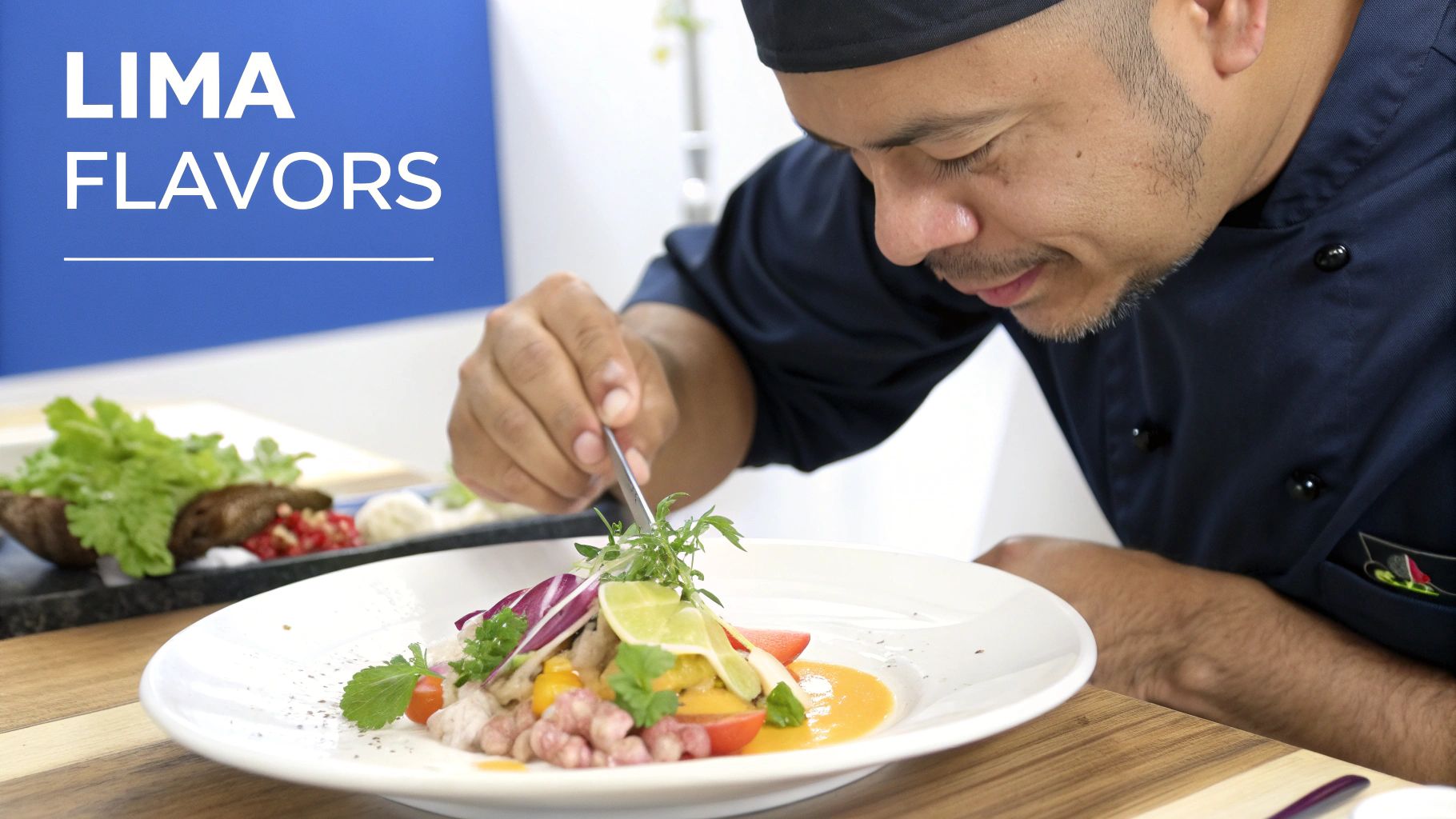 A chef in a navy uniform meticulously garnishing a gourmet Peruvian dish with fresh herbs on a white plate.