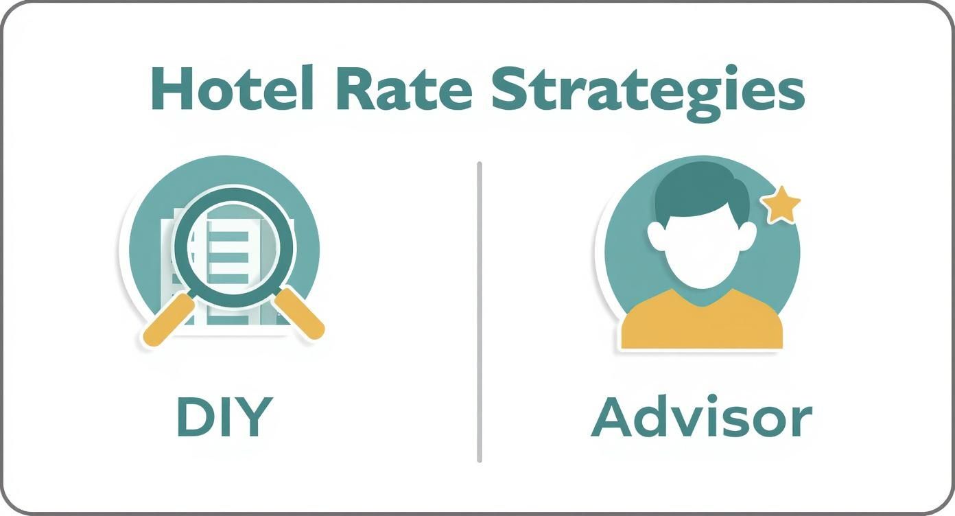 Infographic comparing the DIY booking approach to using a travel advisor for better hotel rates, showing the added value of perks like upgrades and credits.