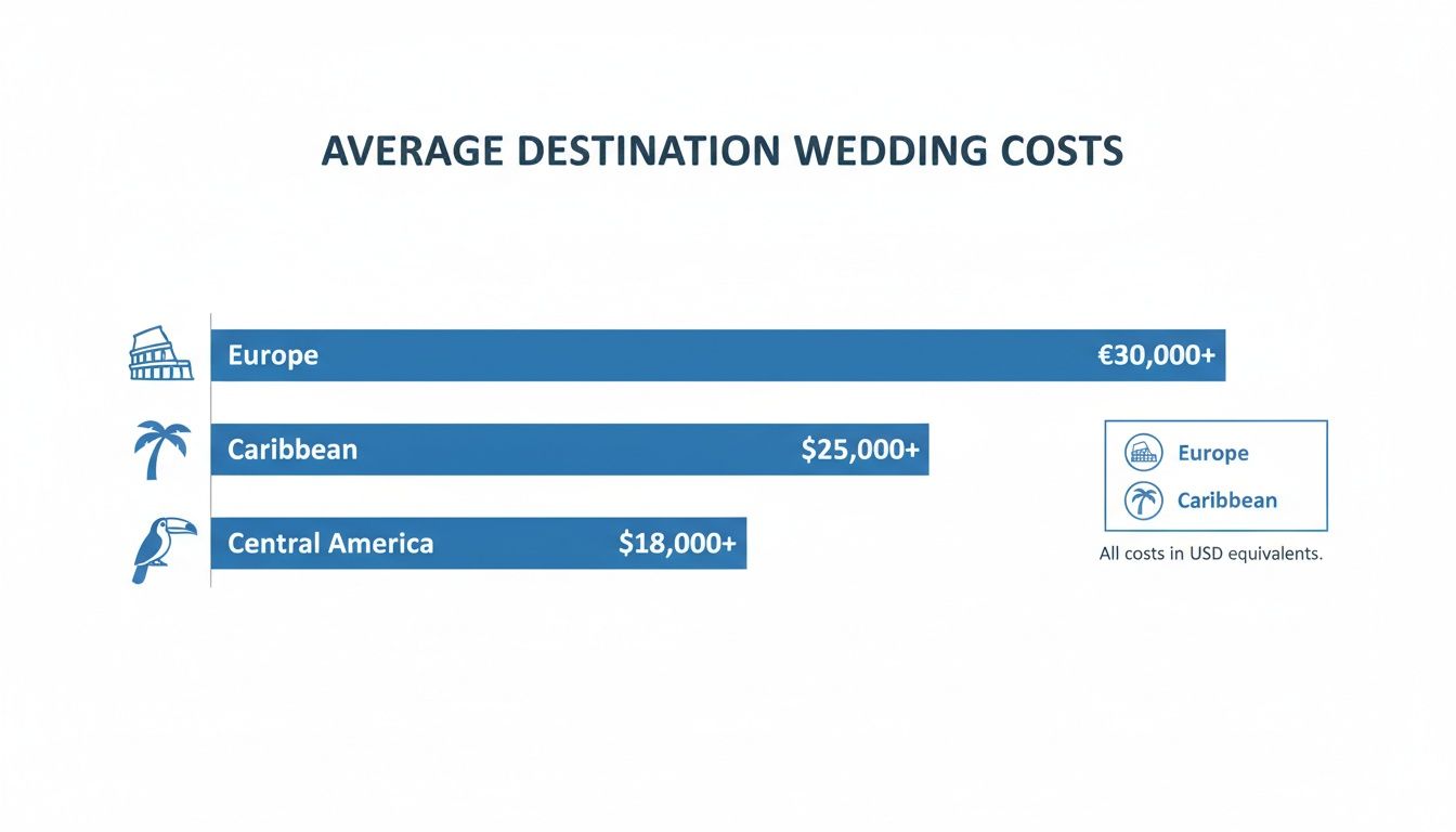 Bar chart displaying average destination wedding costs for Europe, Caribbean, and Central America.