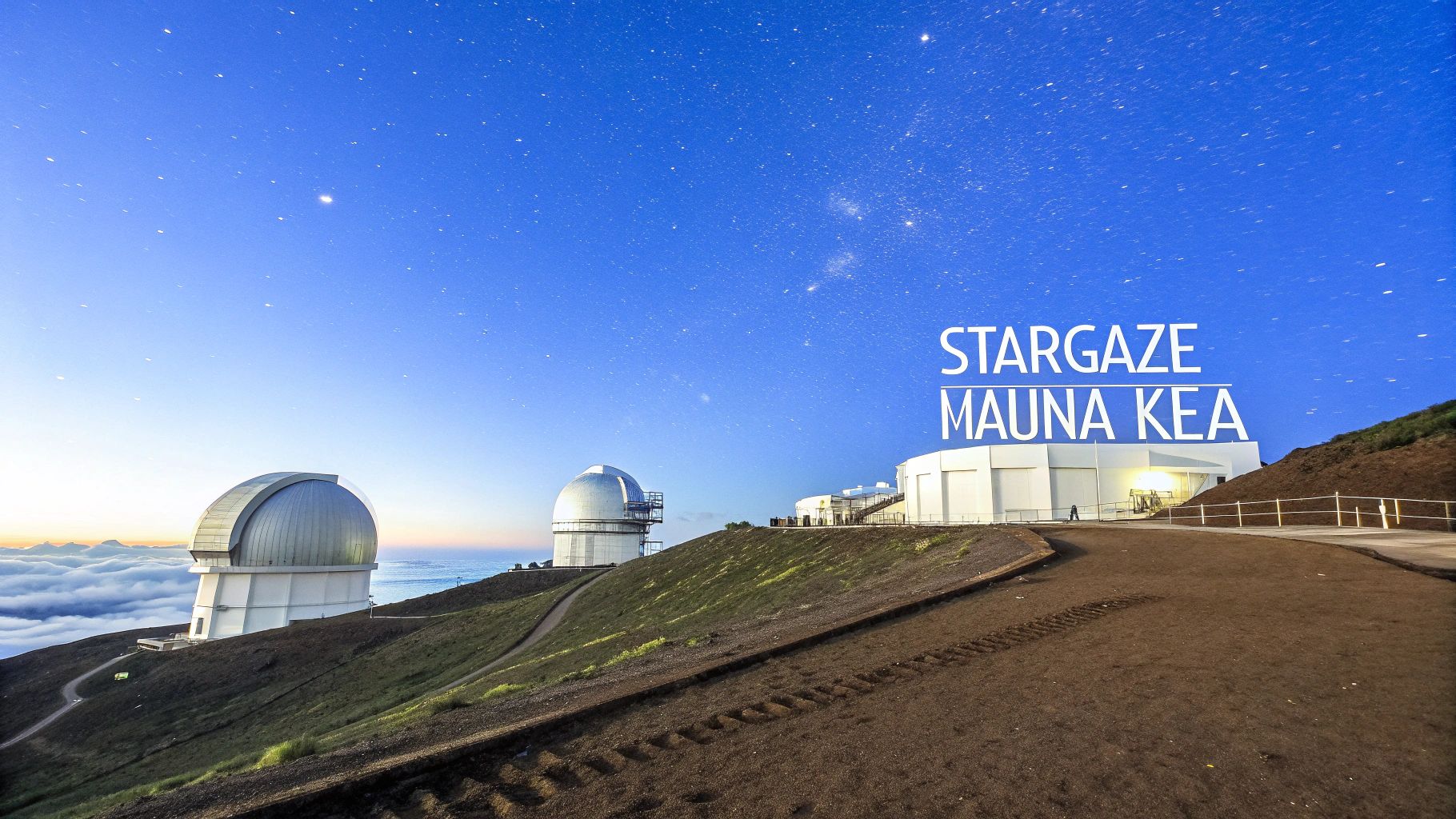 Stargazing at Mauna Kea observatory in Hawaii with telescopes under a star-filled sky, above the clouds.