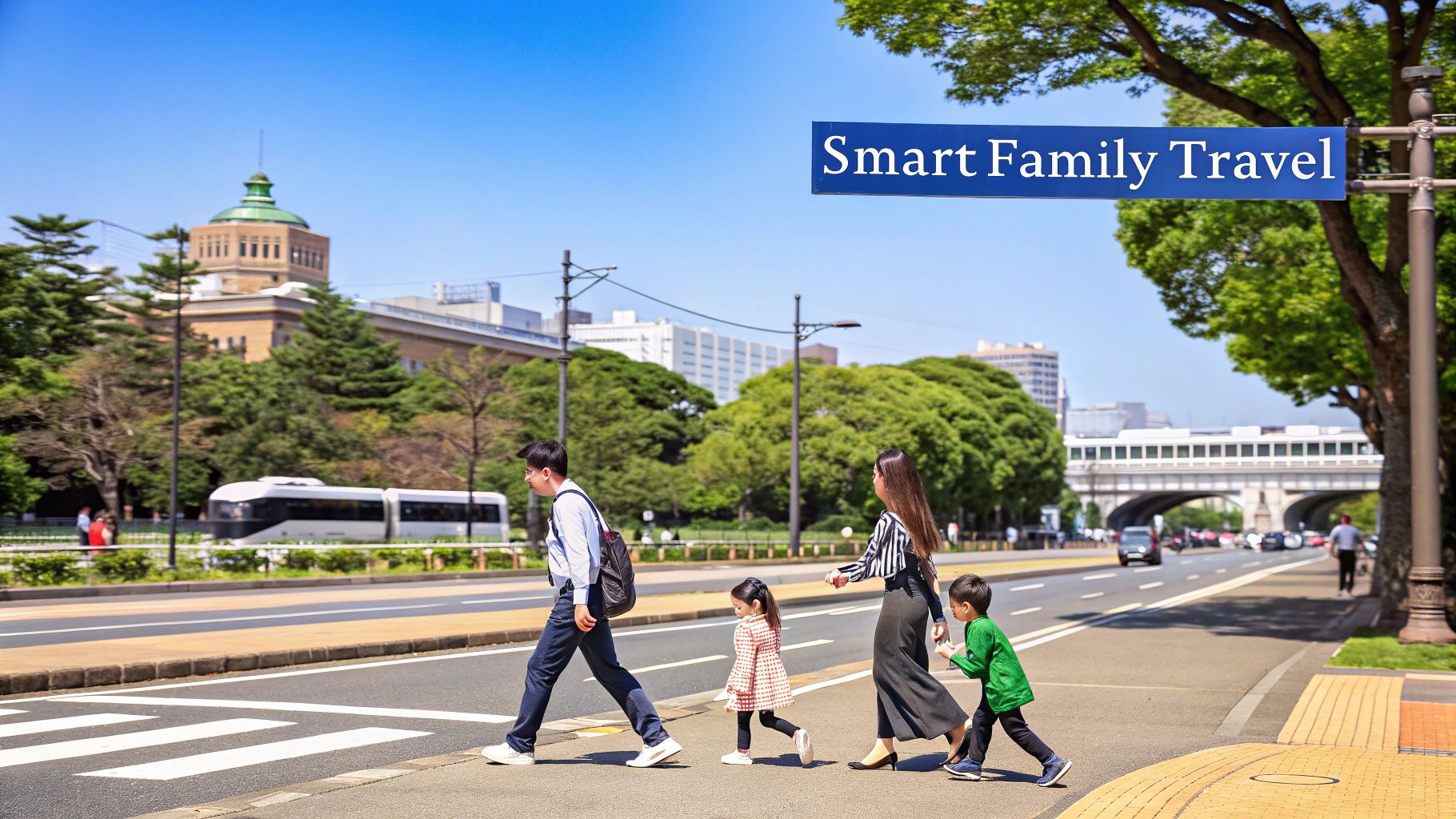 Asian family with two kids walking across a pedestrian crossing in a vibrant city street.