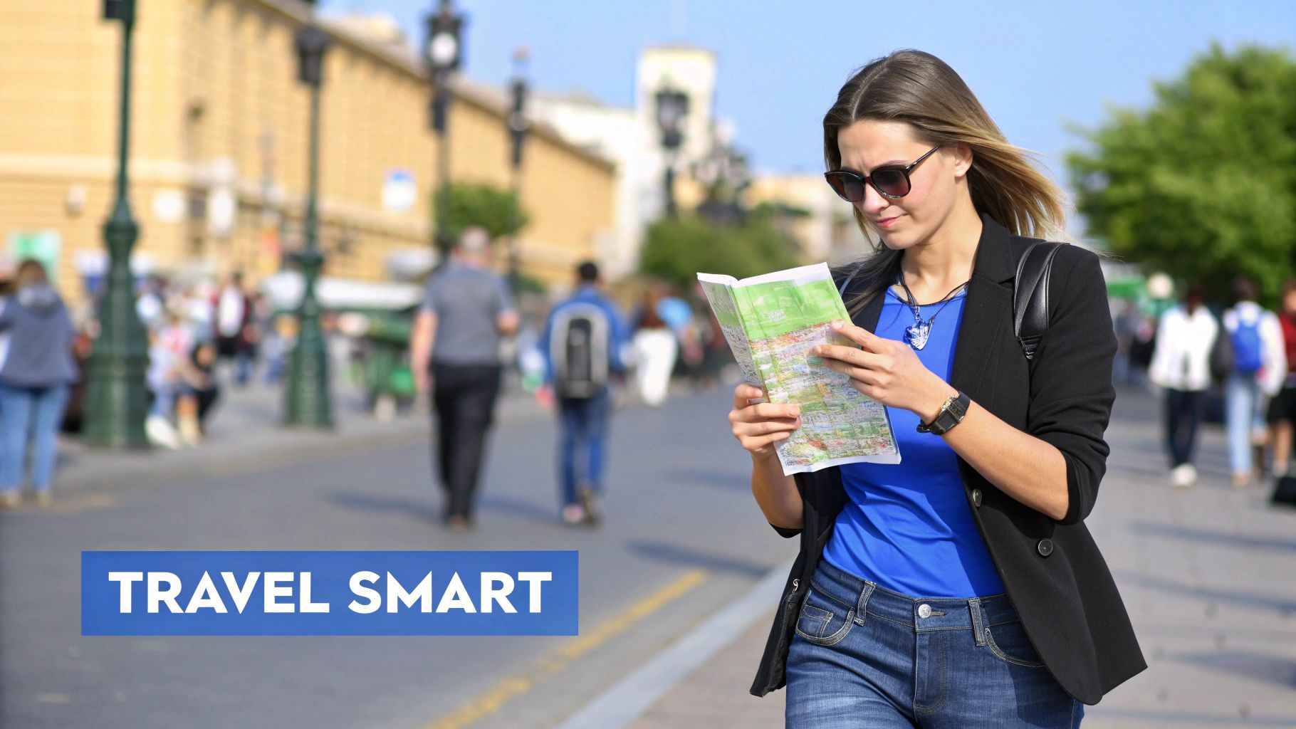 A woman in sunglasses and a blazer looks at a map while standing on a bustling city street.