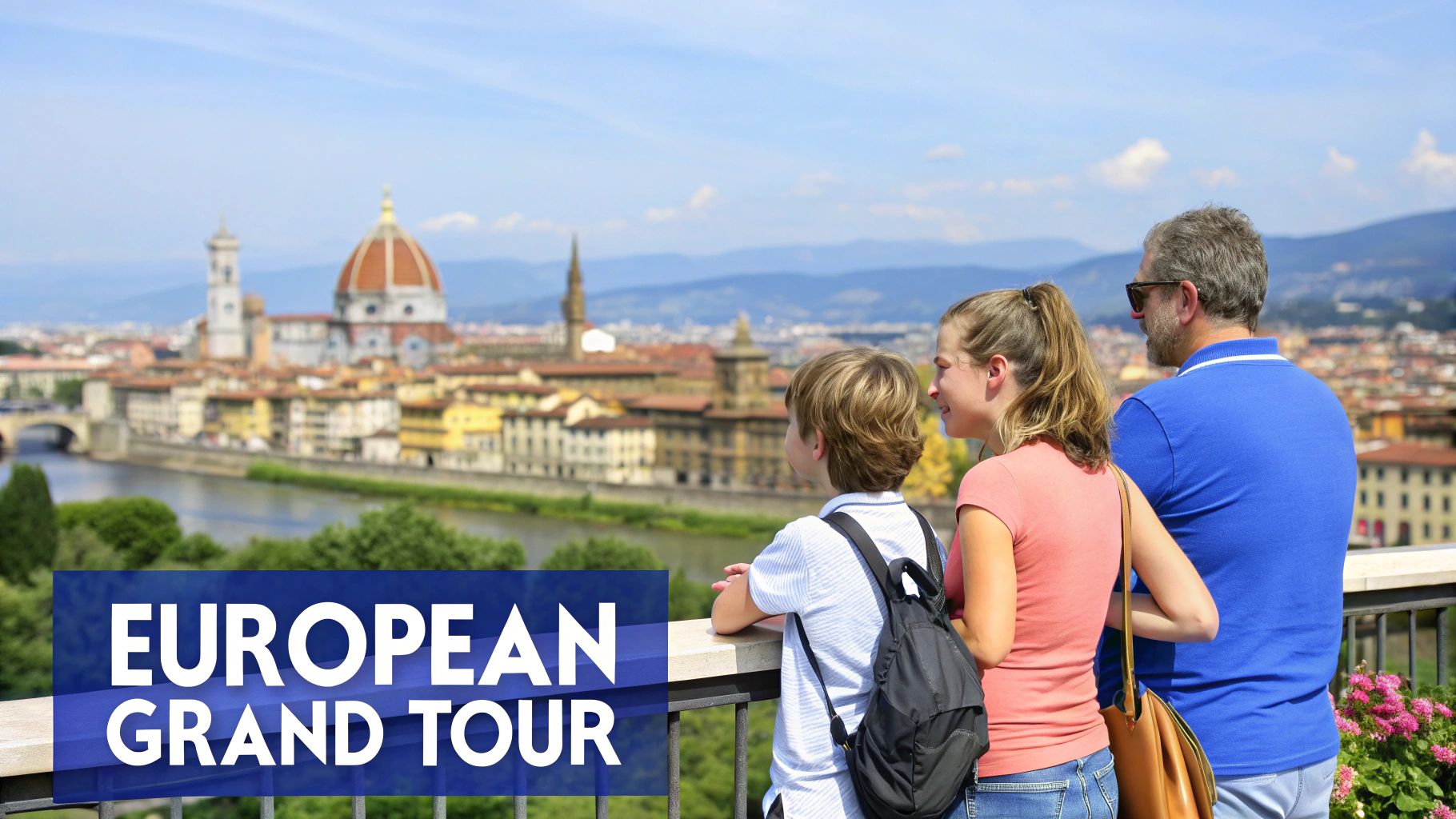 Family enjoys panoramic view of Florence Duomo and cityscape during a European tour.