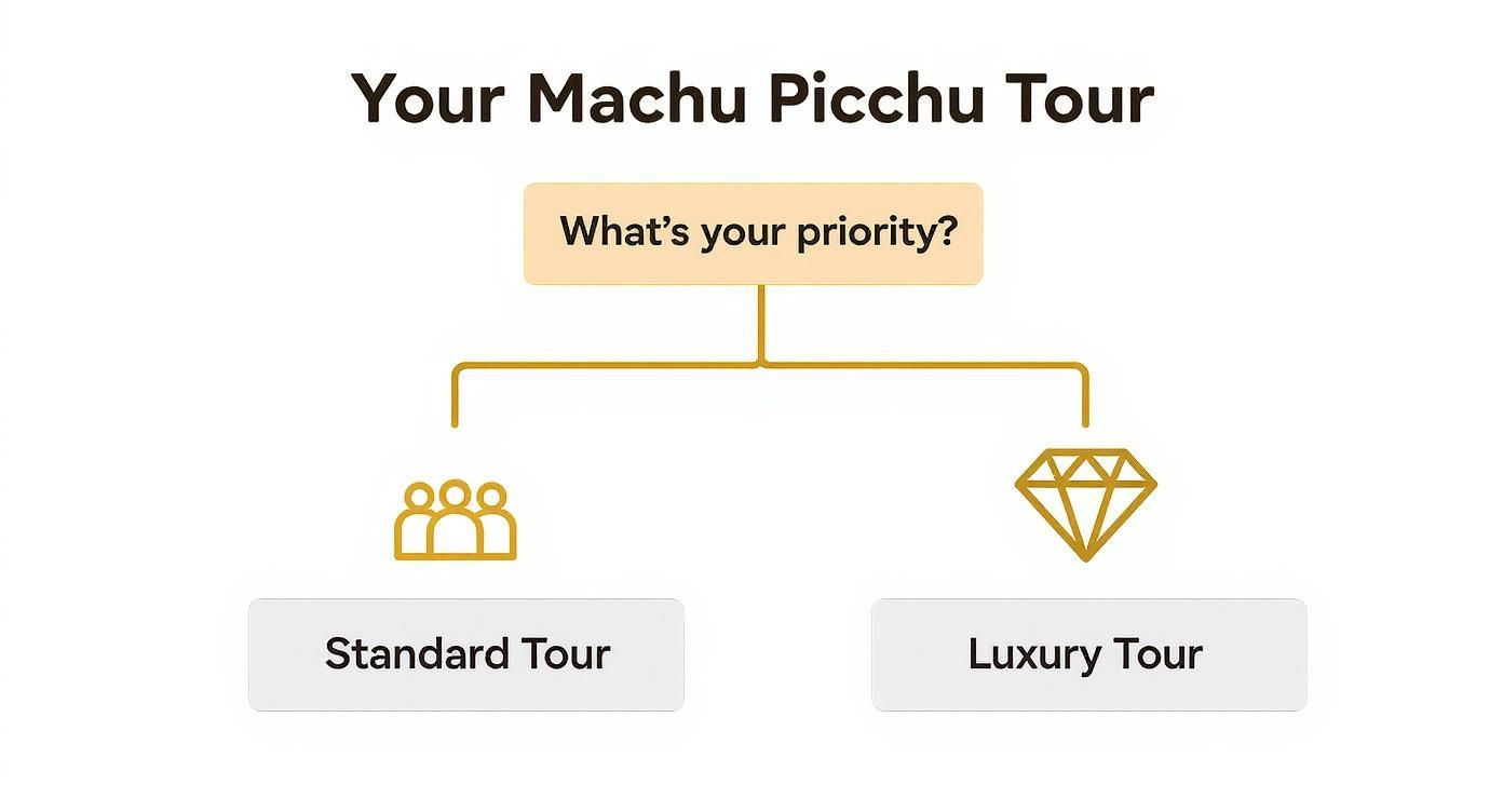 A decision flowchart for Machu Picchu tours, showing options for standard group or luxury premium experiences.