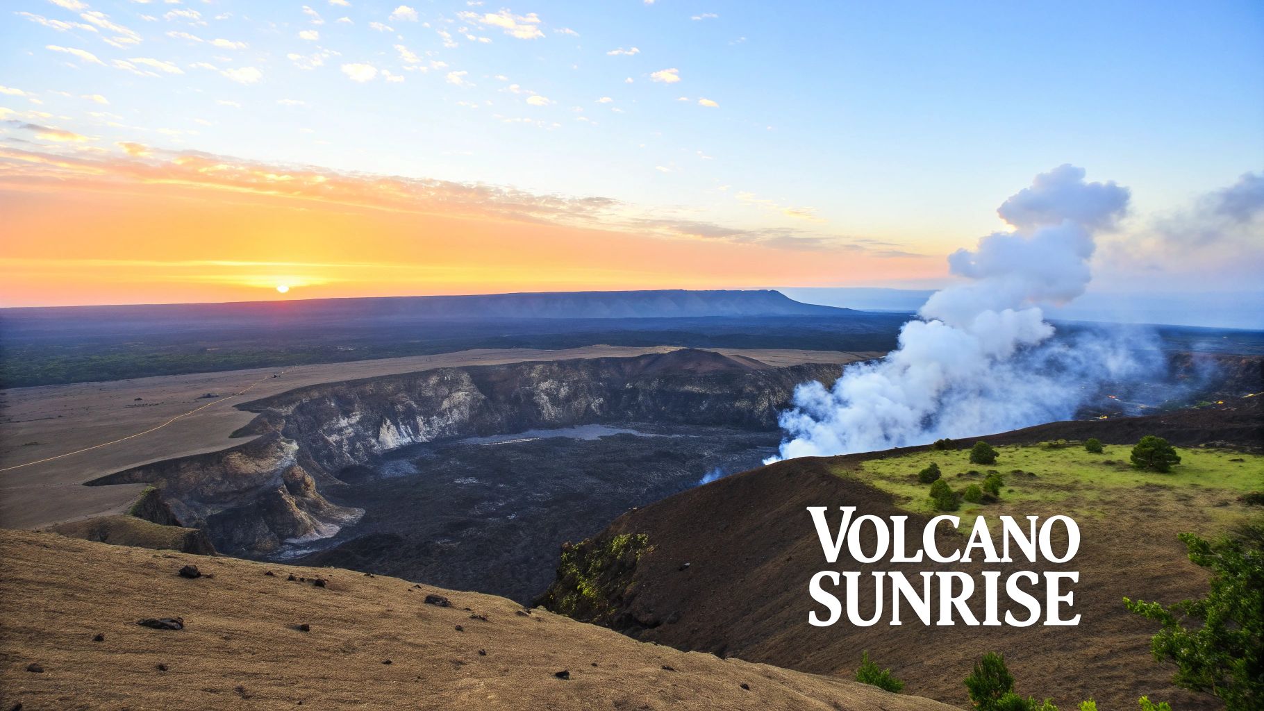 A vibrant sunrise illuminates a smoking volcanic caldera with a vast landscape below.