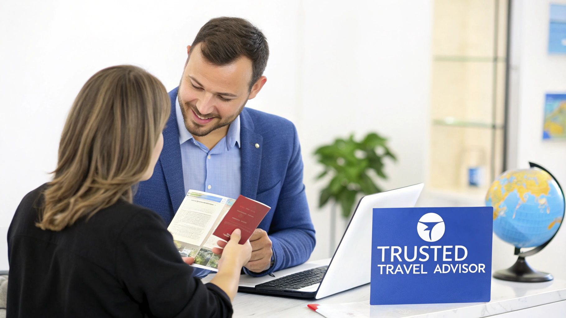 A smiling travel advisor assists a female client, showing her a travel brochure and passport.