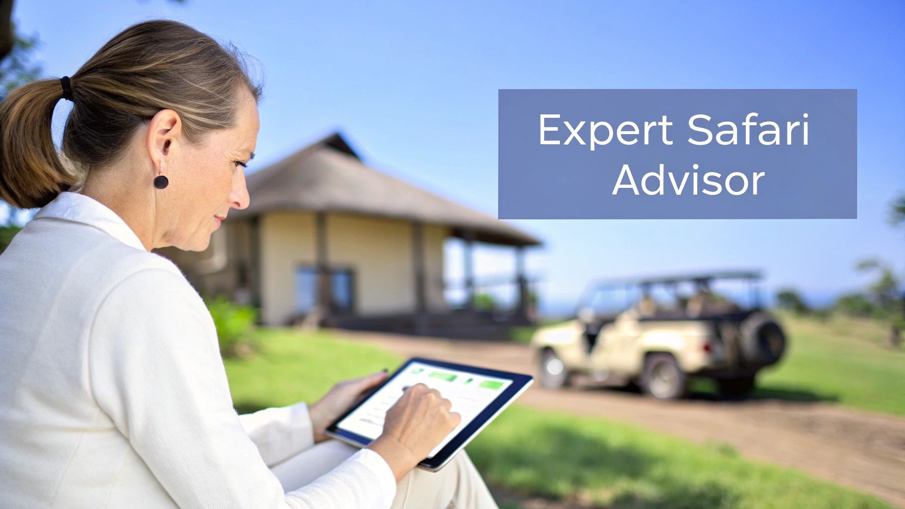 A woman uses a tablet with a safari lodge and vehicle in the background, promoting an 'Expert Safari Advisor'.
