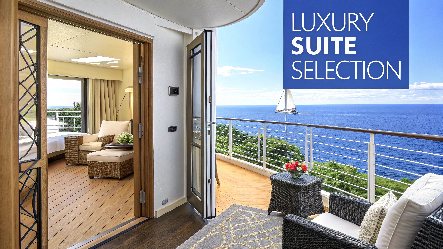 A luxurious cruise suite with a private balcony overlooking a bright blue ocean with a sailboat in the distance.